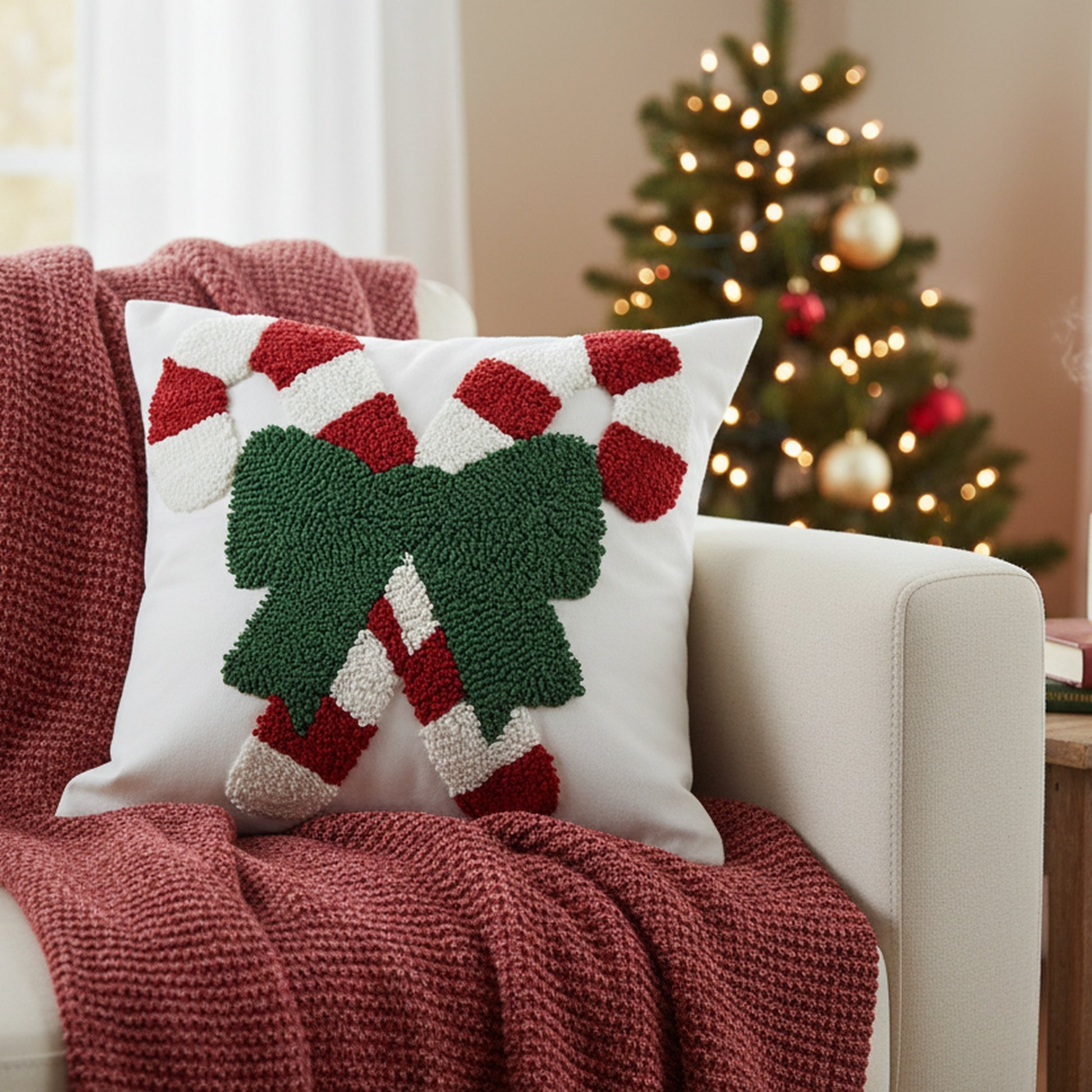Cotton Embroidered Cushion Candy Canes with Bow, Throw Pillow, Holiday Decor- Set of 2