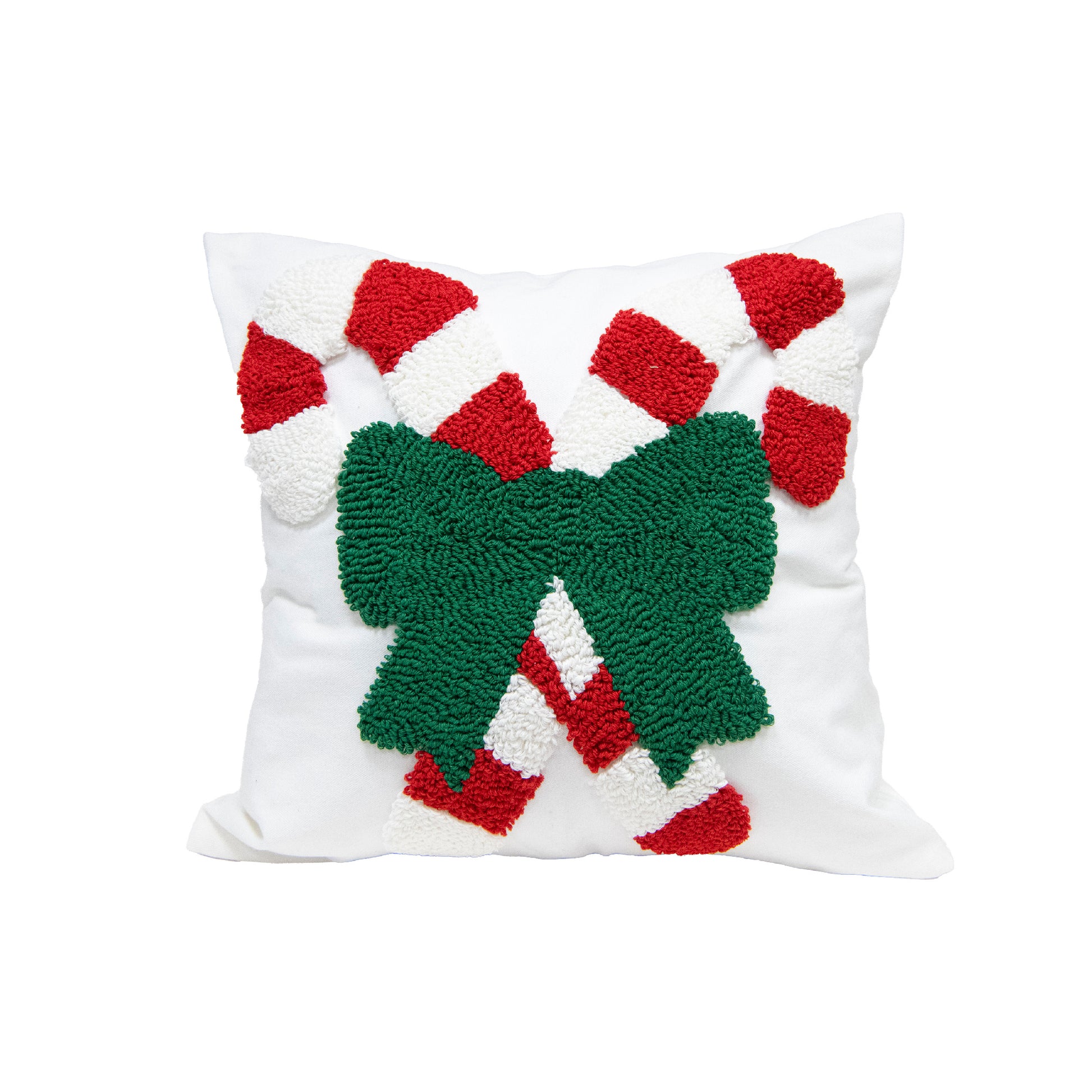 Cotton Embroidered Cushion Candy Canes with Bow, Throw Pillow, Holiday Decor- Set of 2