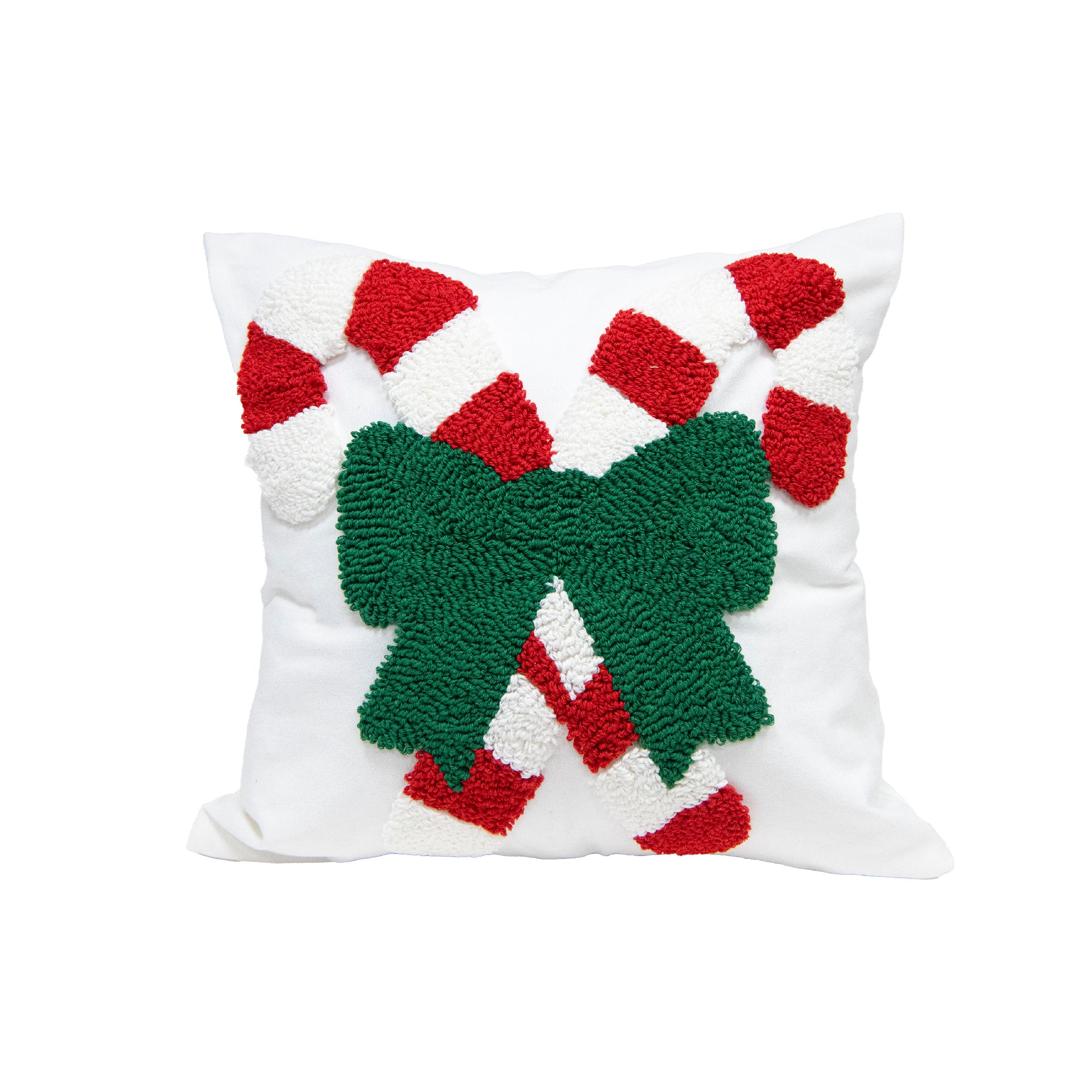 Cotton Embroidered Cushion Candy Canes with Bow, Throw Pillow, Holiday Decor- Set of 2