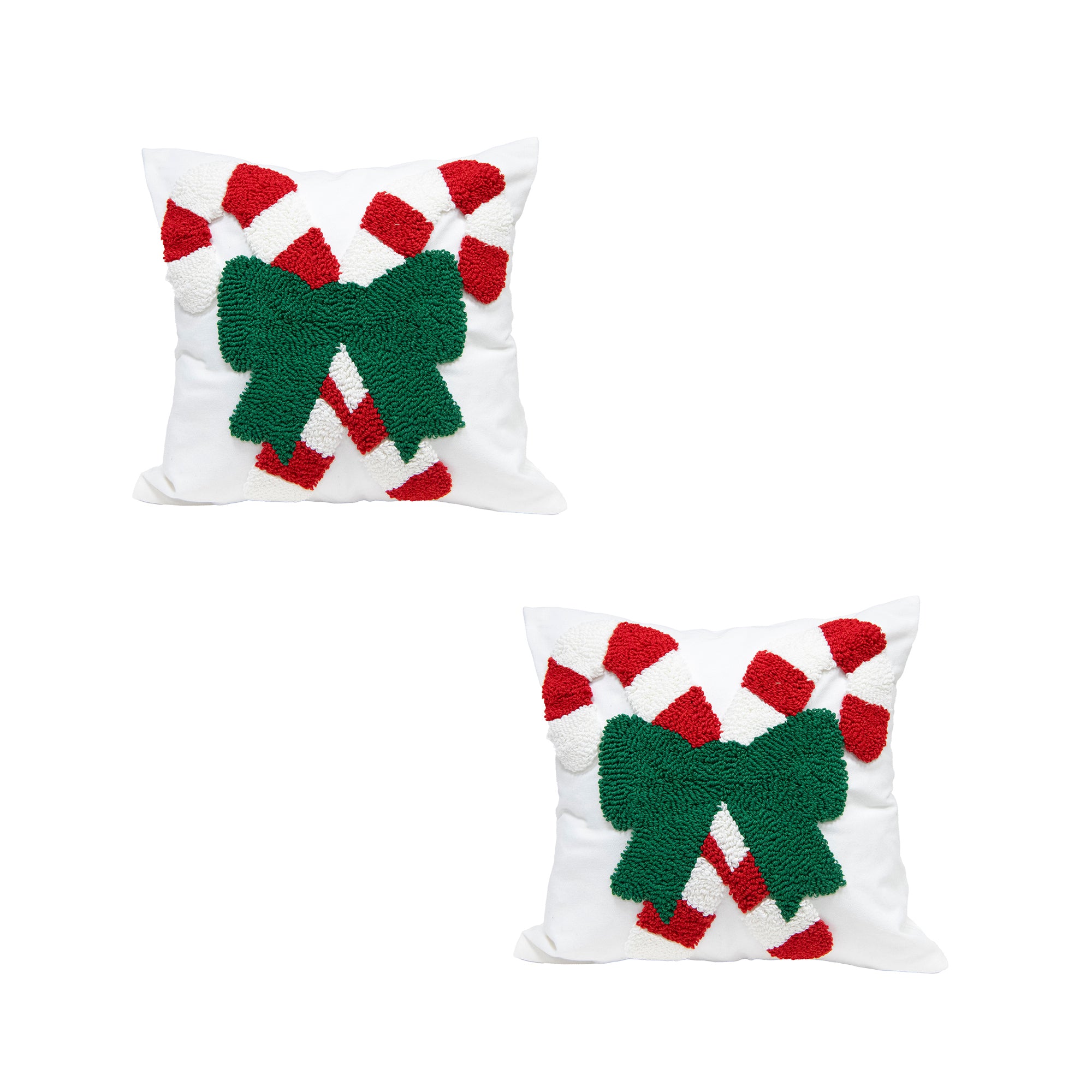 Cotton Embroidered Cushion Candy Canes with Bow, Throw Pillow, Holiday Decor- Set of 2