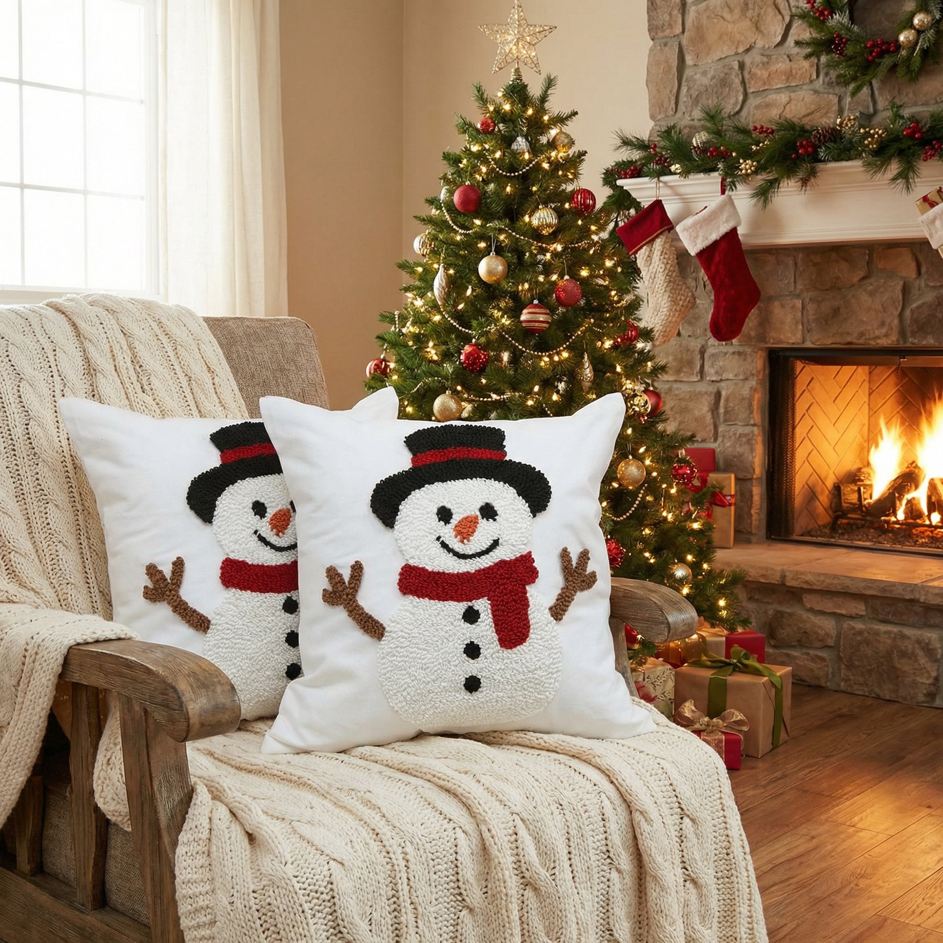Cotton Embroidered Cushion Snowman, Christmas, Throw Pillow, Holiday Decor- Set of 2