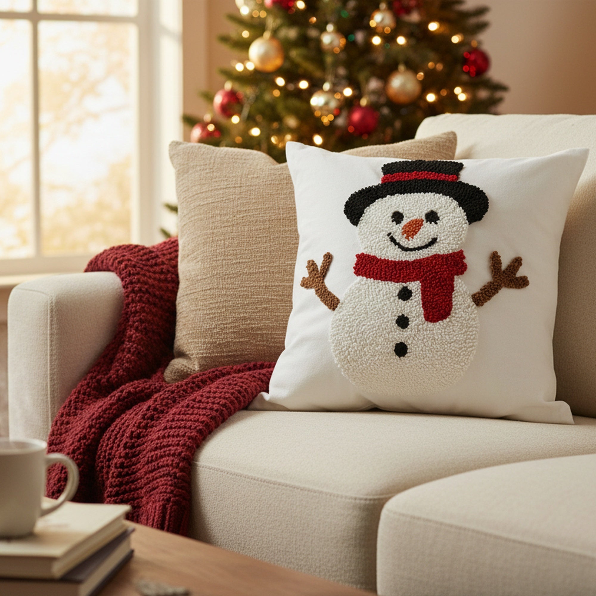 Cotton Embroidered Cushion Snowman, Christmas, Throw Pillow, Holiday Decor- Set of 2
