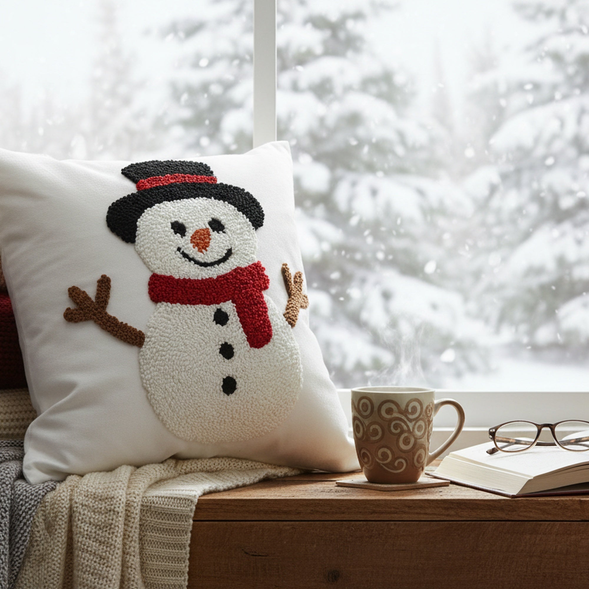Cotton Embroidered Cushion Snowman, Christmas, Throw Pillow, Holiday Decor- Set of 2