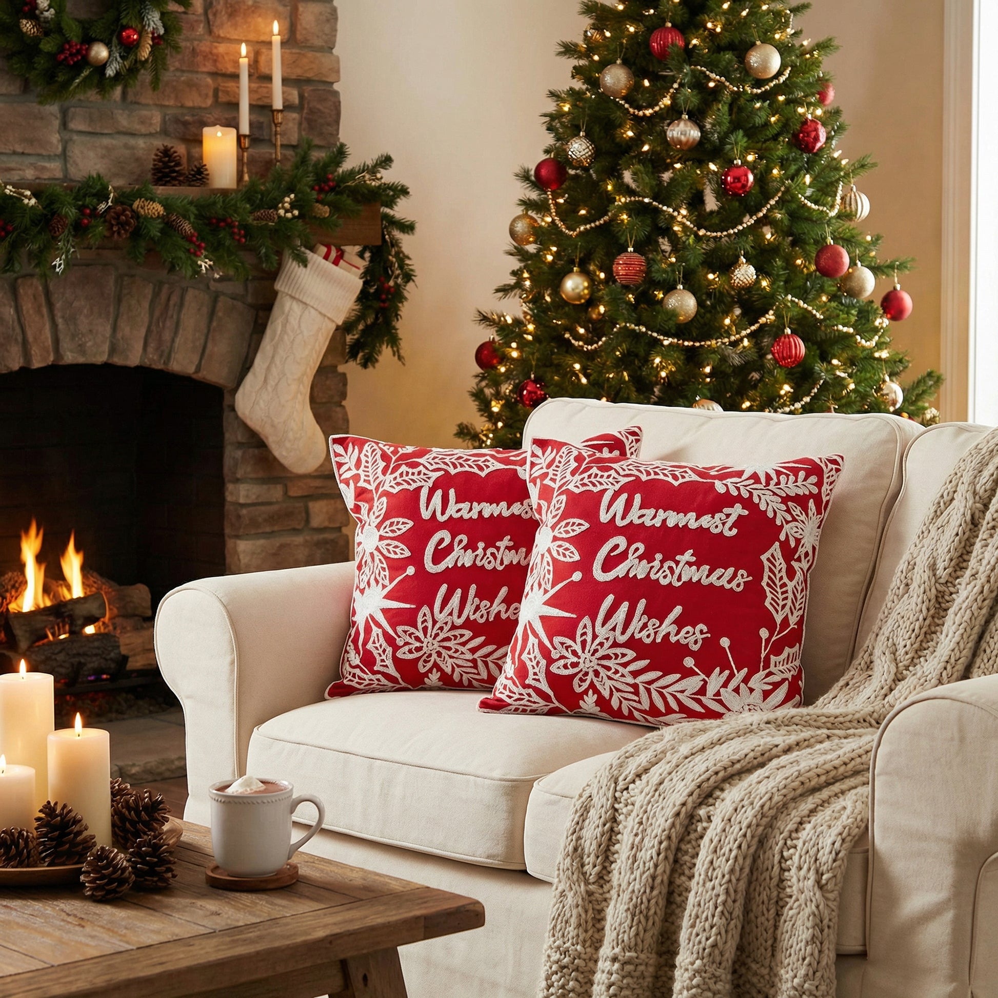Cotton Embroidered Cushion Warmest Christmas Wishes, Christmas, Throw Pillow, Holiday Decor- Set of 2