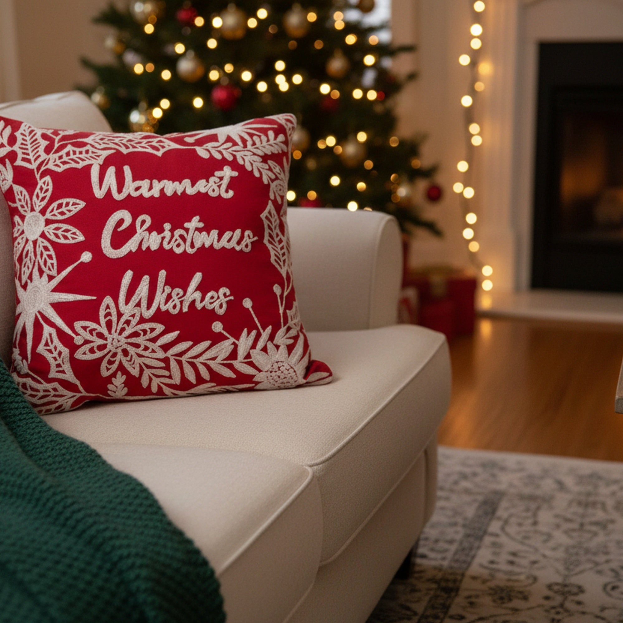 Cotton Embroidered Cushion Warmest Christmas Wishes, Christmas, Throw Pillow, Holiday Decor- Set of 2