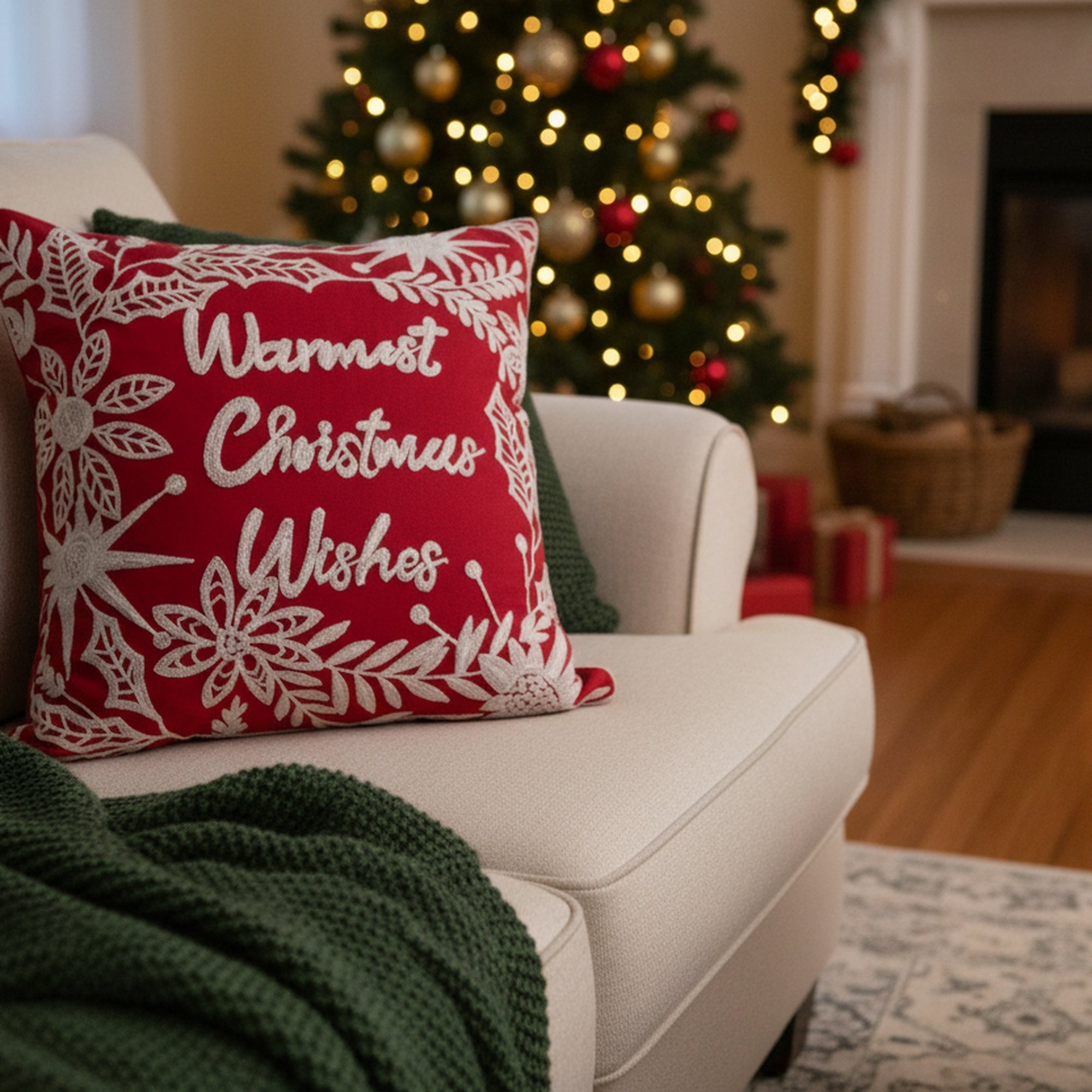 Cotton Embroidered Cushion Warmest Christmas Wishes, Christmas, Throw Pillow, Holiday Decor- Set of 2
