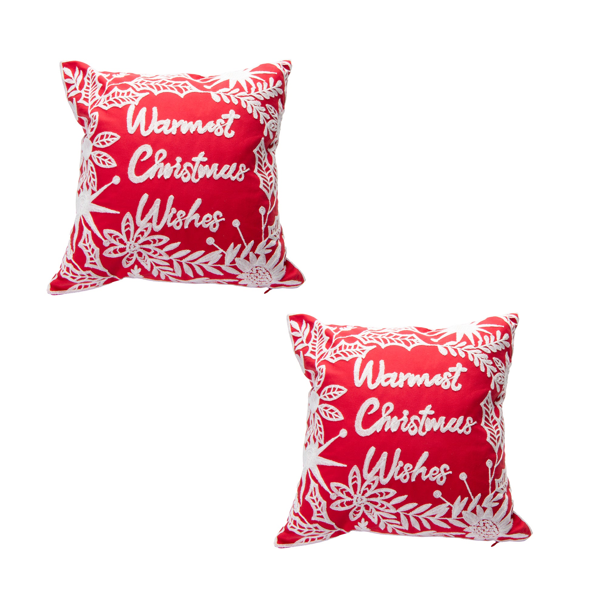 Cotton Embroidered Cushion Warmest Christmas Wishes, Christmas, Throw Pillow, Holiday Decor- Set of 2