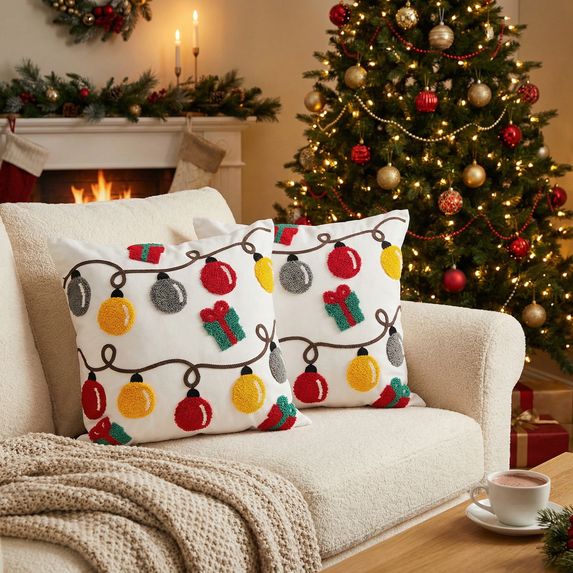 Cotton Embroidered Cushion Christmas Lights, Christmas, Throw Pillow, Holiday Decor- Set of 2
