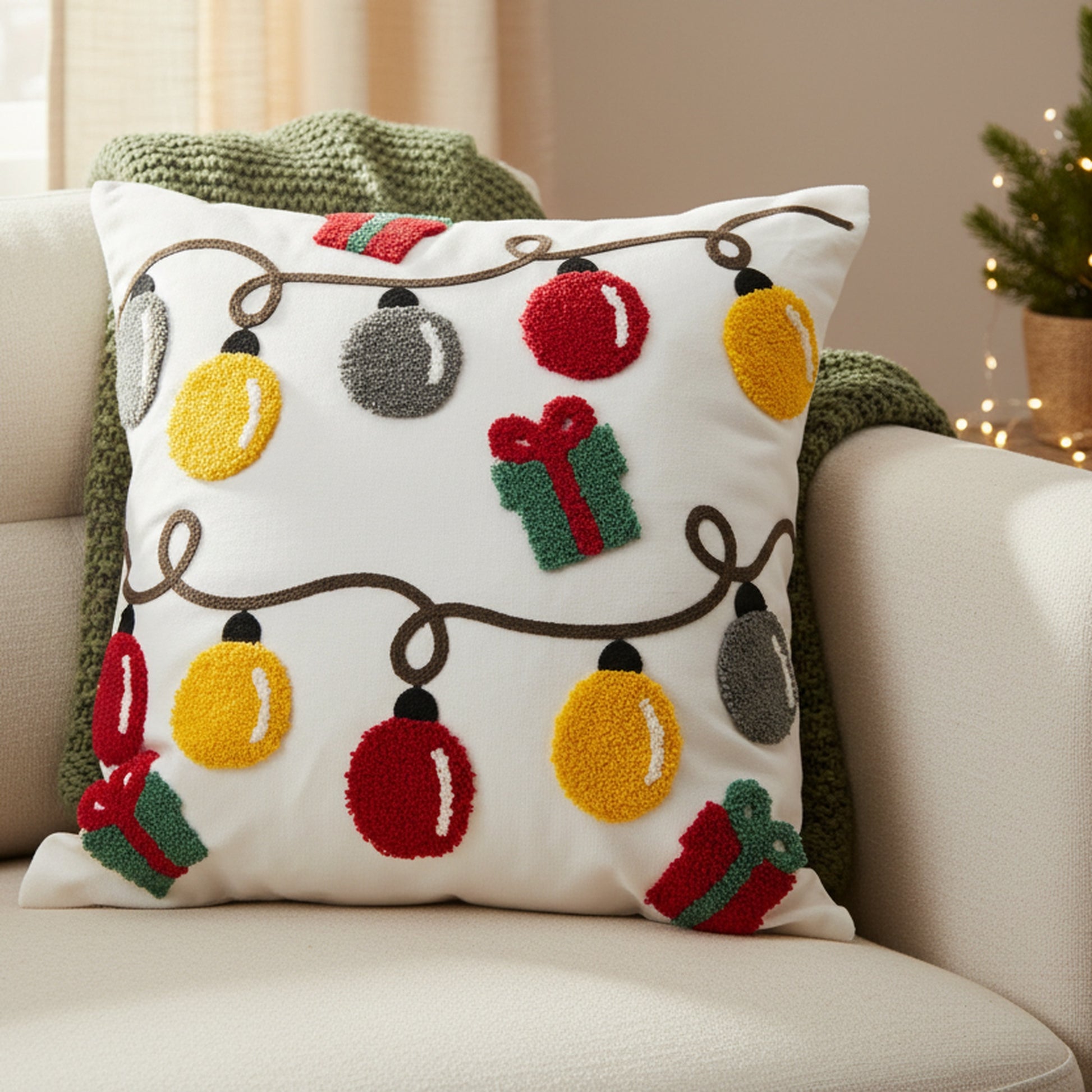 Cotton Embroidered Cushion Christmas Lights, Christmas, Throw Pillow, Holiday Decor- Set of 2