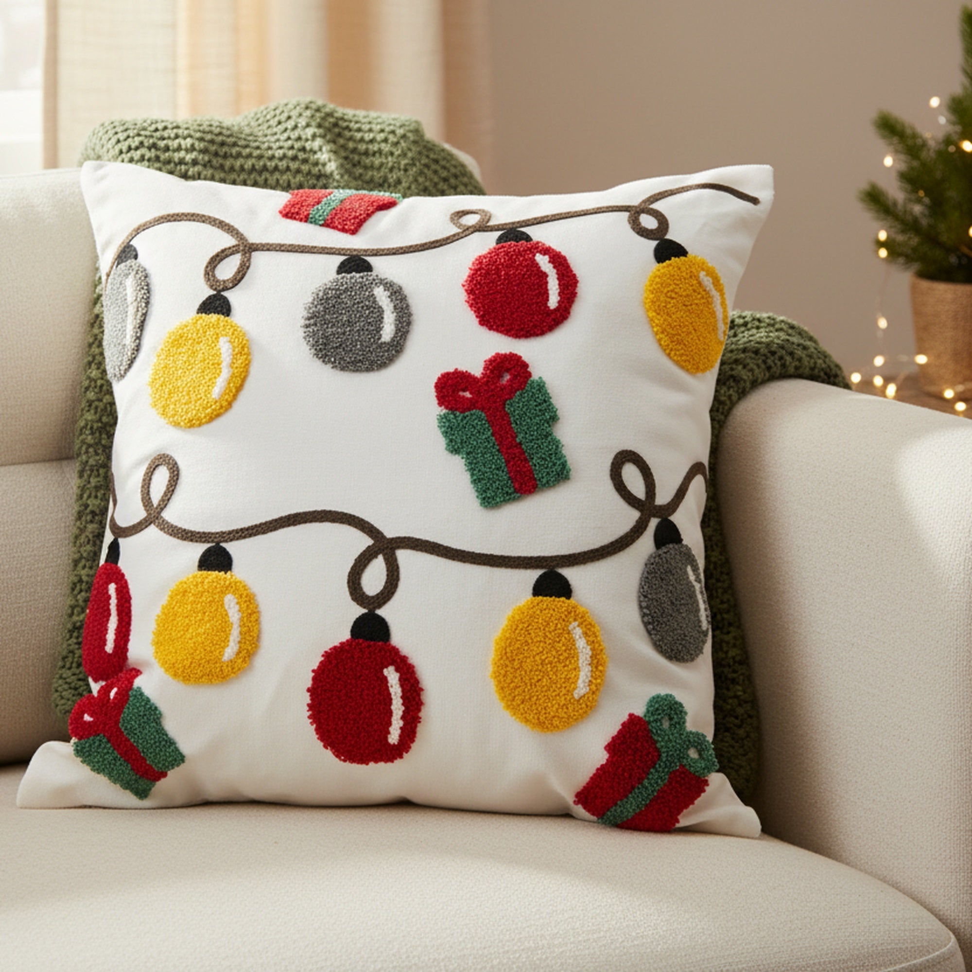 Cotton Embroidered Cushion Christmas Lights, Christmas, Throw Pillow, Holiday Decor- Set of 2