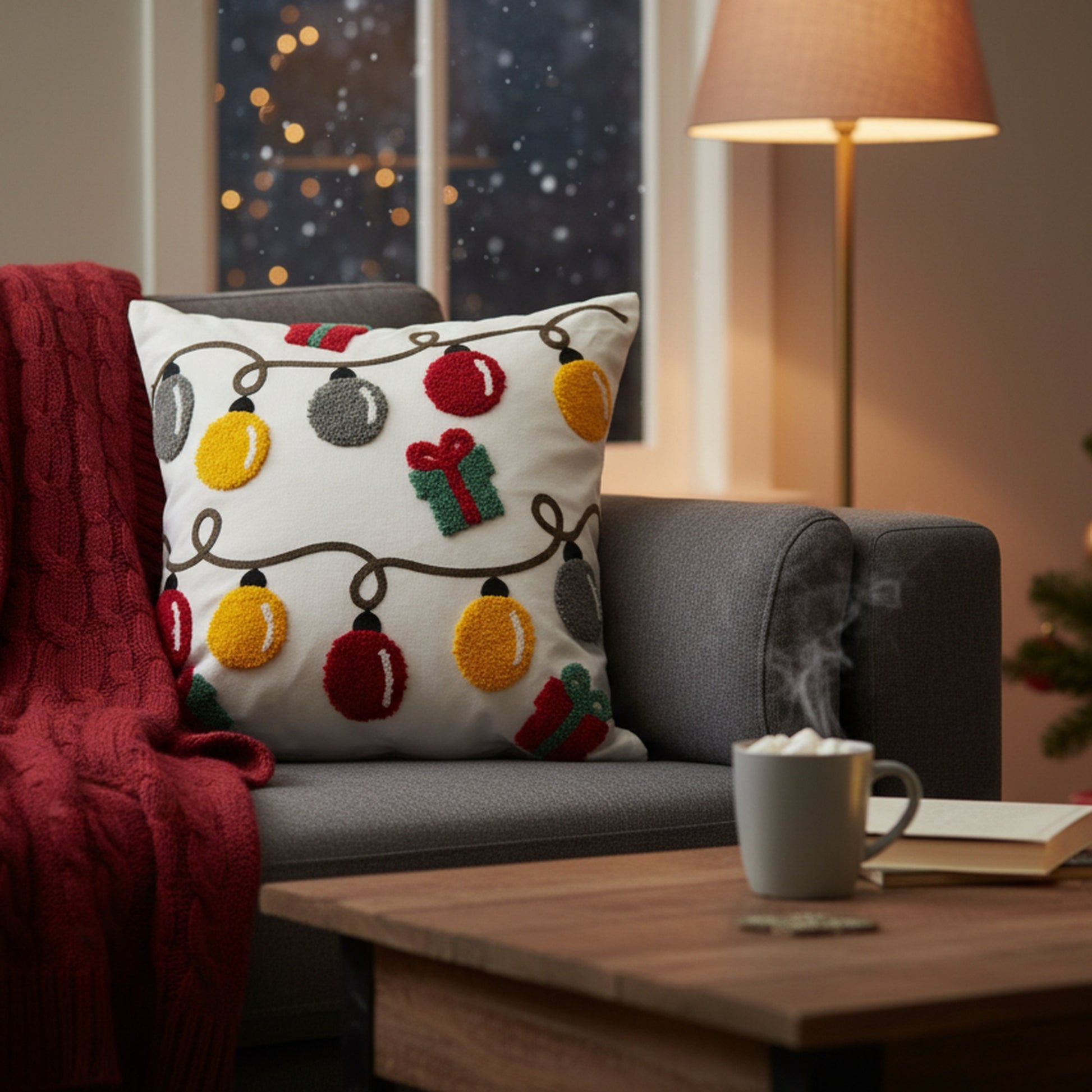 Cotton Embroidered Cushion Christmas Lights, Christmas, Throw Pillow, Holiday Decor- Set of 2