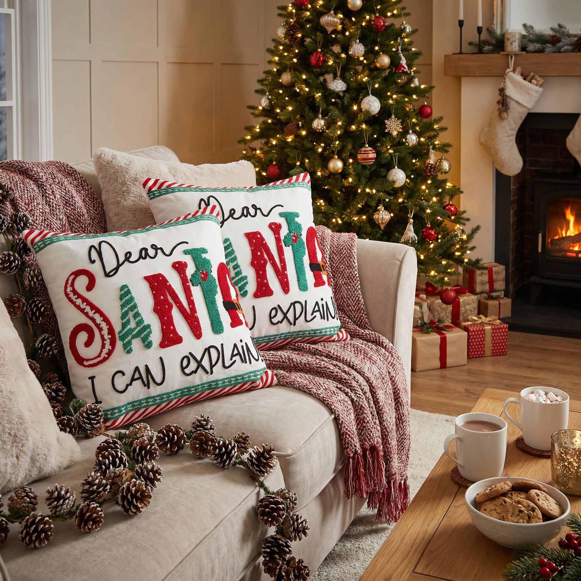 Cotton Embroidered Cushion Dear Santa, I Can Explain, Christmas, Throw Pillow, Holiday Decor- Set of 2