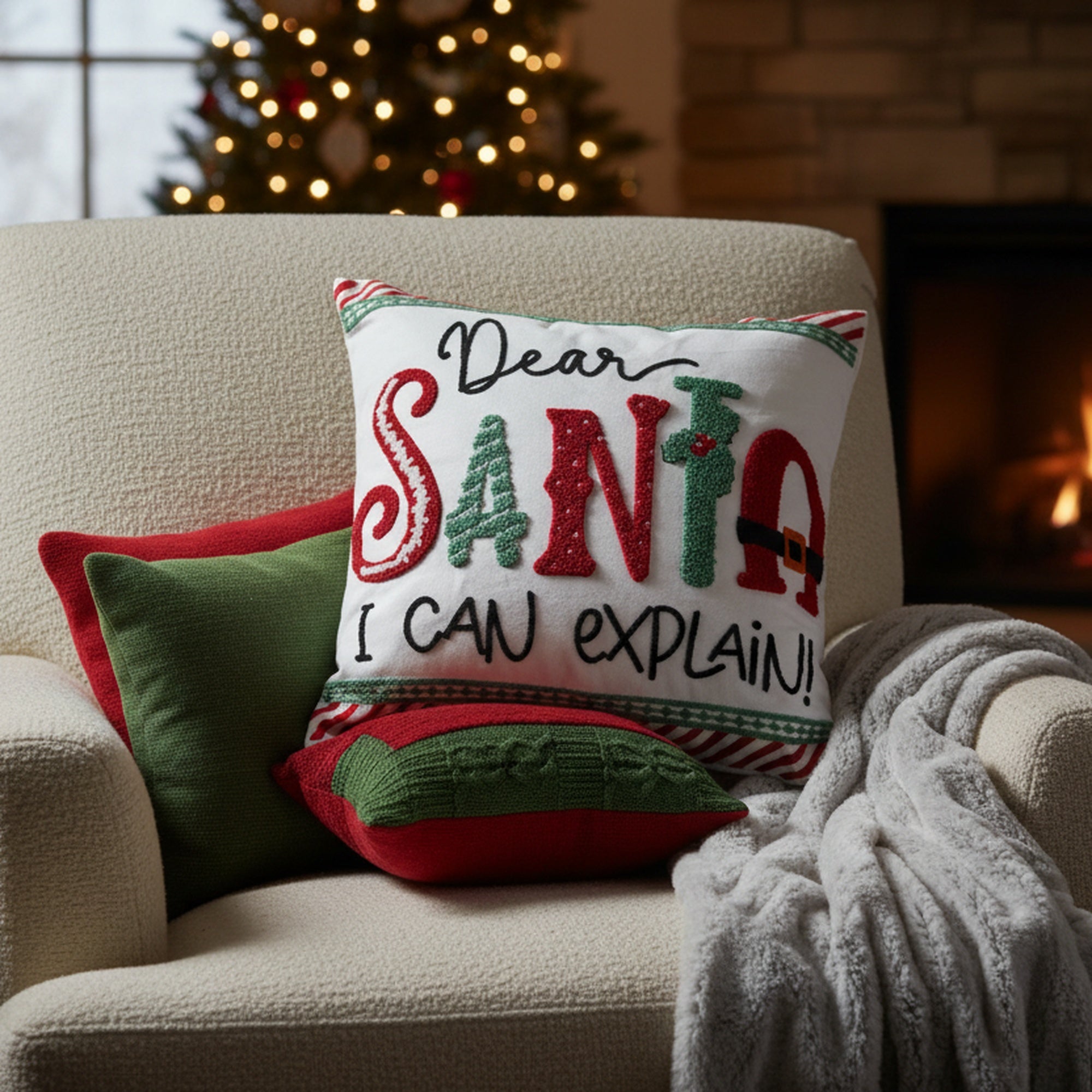 Cotton Embroidered Cushion Dear Santa, I Can Explain, Christmas, Throw Pillow, Holiday Decor- Set of 2