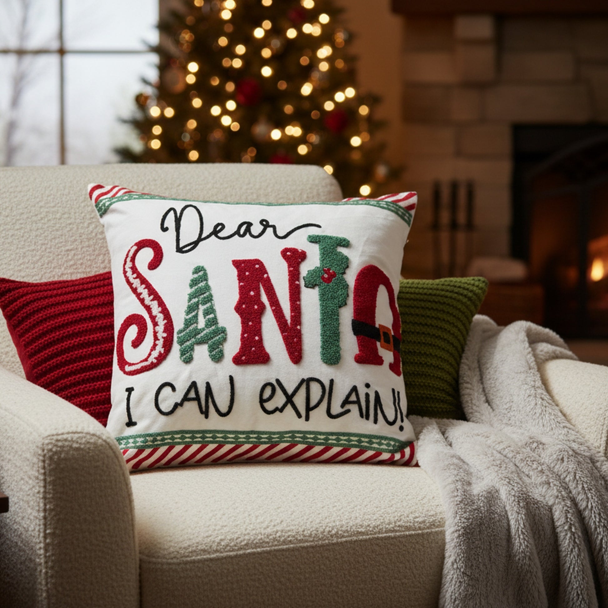 Cotton Embroidered Cushion Dear Santa, I Can Explain, Christmas, Throw Pillow, Holiday Decor- Set of 2