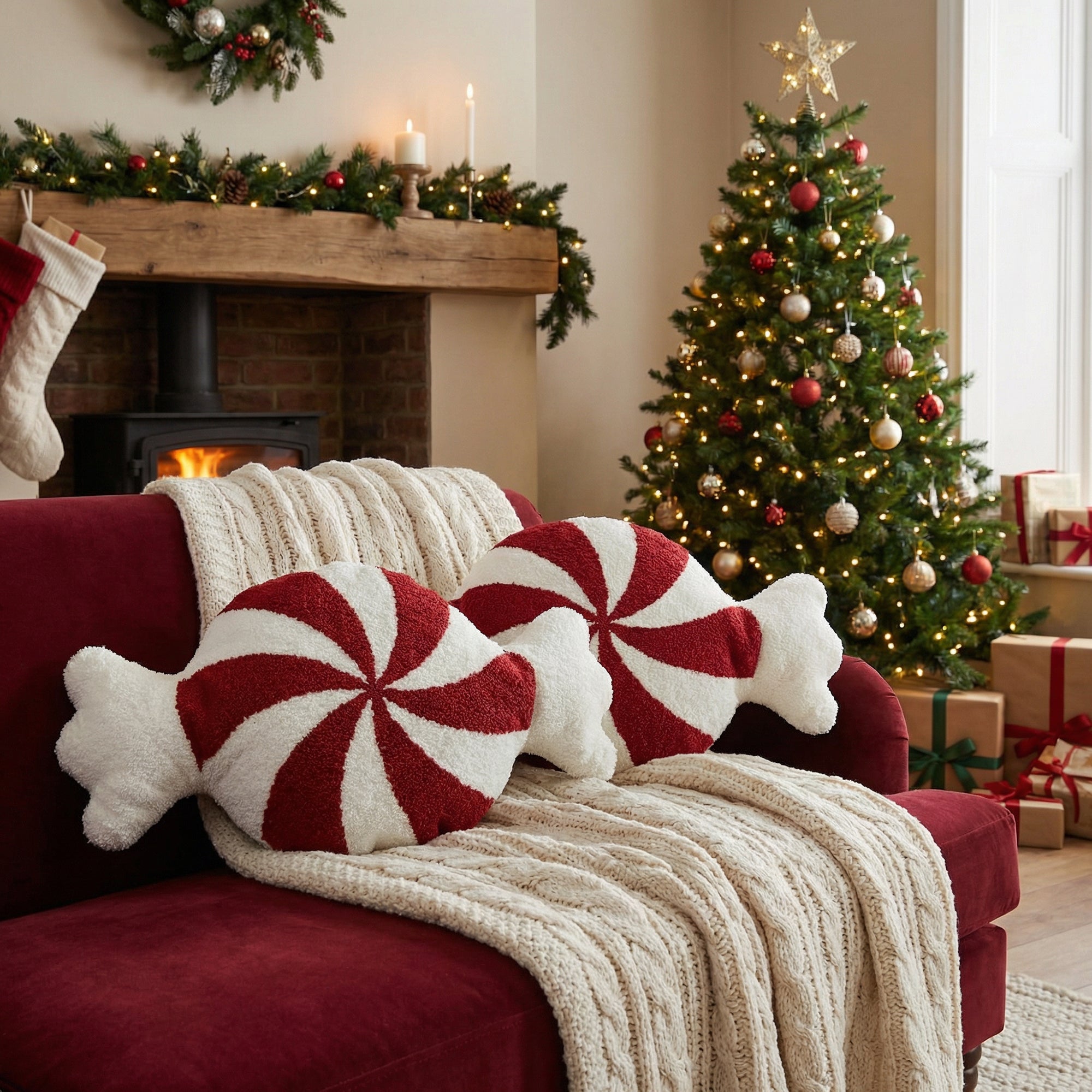 Cotton Embroidered Cushion Peppermint Candy, Throw Pillow, Holiday Decor- Set of 2
