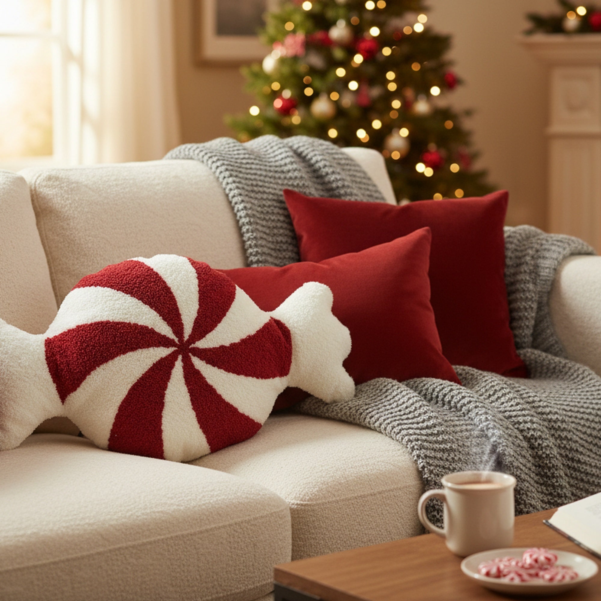 Cotton Embroidered Cushion Peppermint Candy, Throw Pillow, Holiday Decor- Set of 2