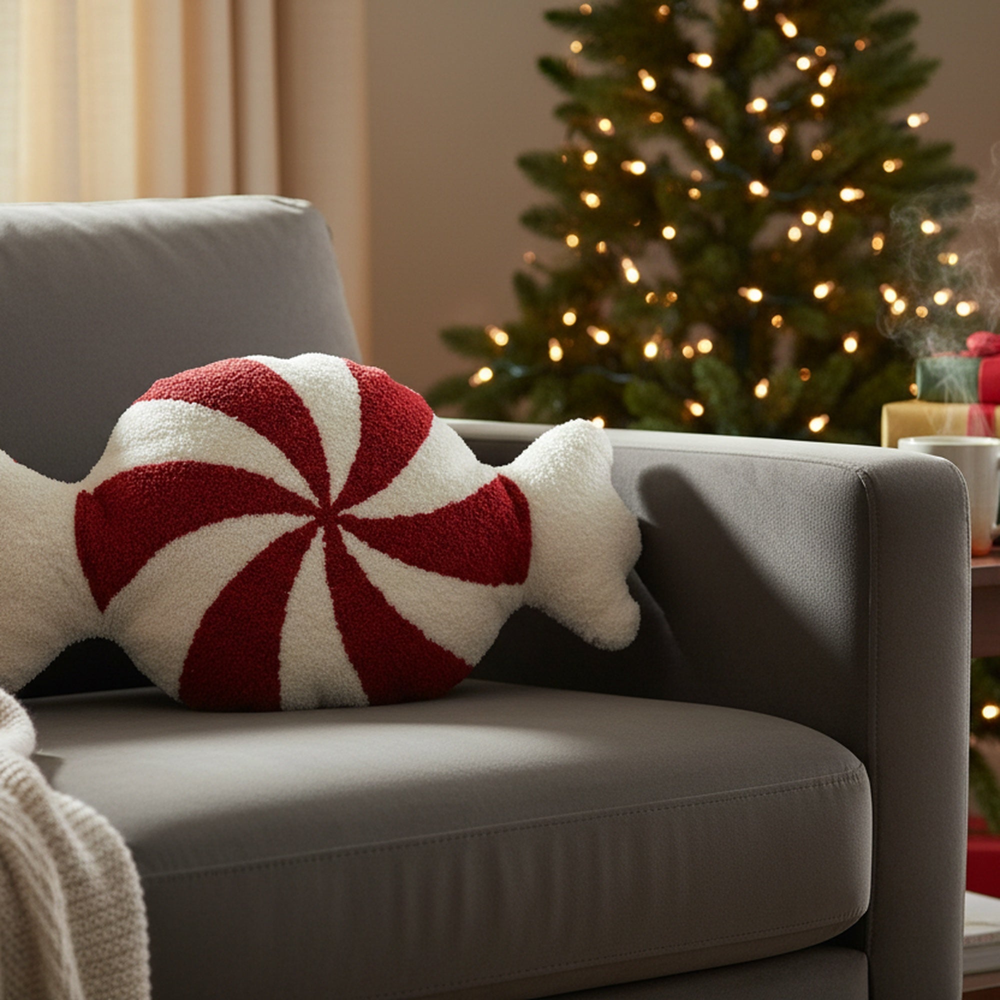 Cotton Embroidered Cushion Peppermint Candy, Throw Pillow, Holiday Decor- Set of 2