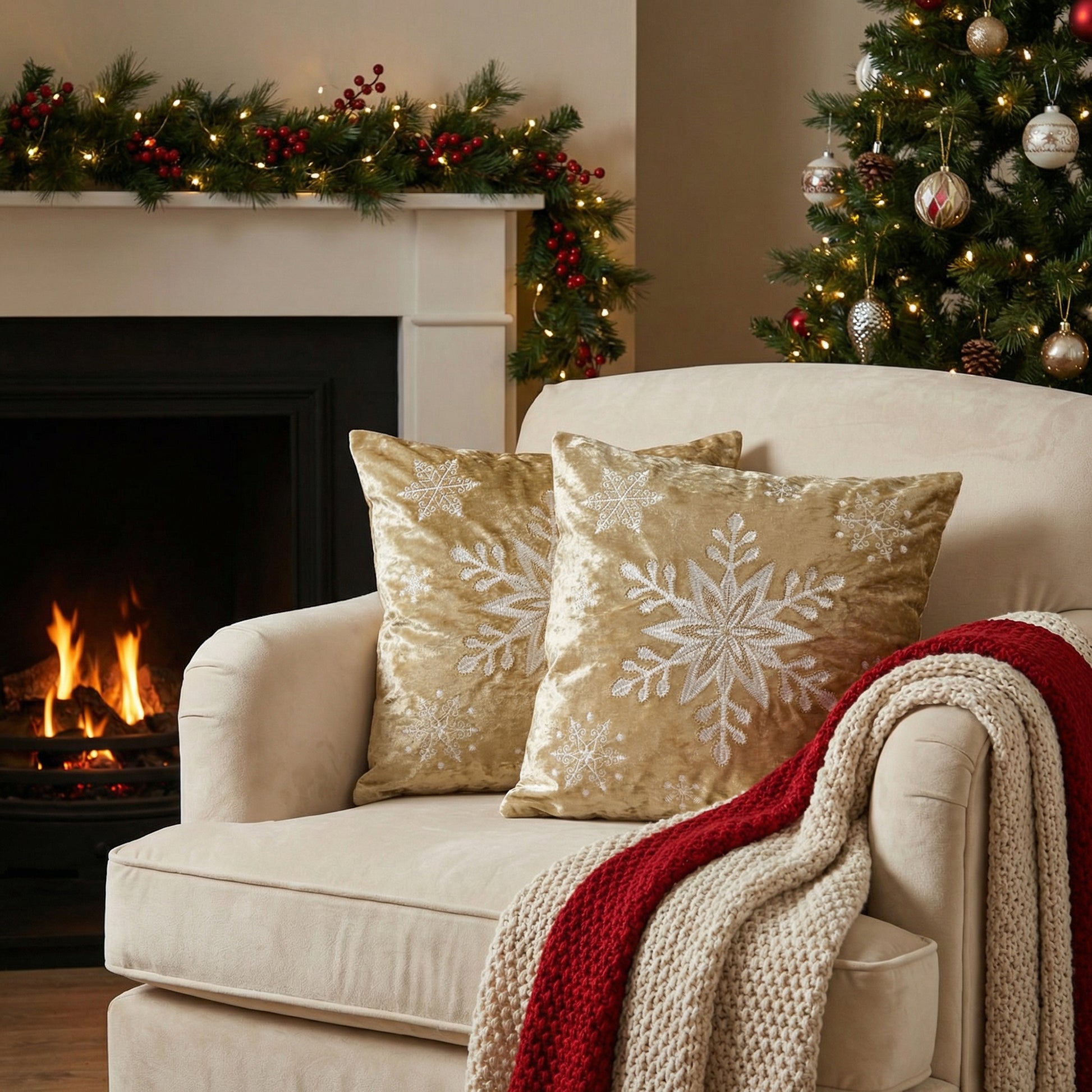 Polyester Embroidered Cushion Snowflakes, Throw Pillow, Holiday Decor - Set of 2