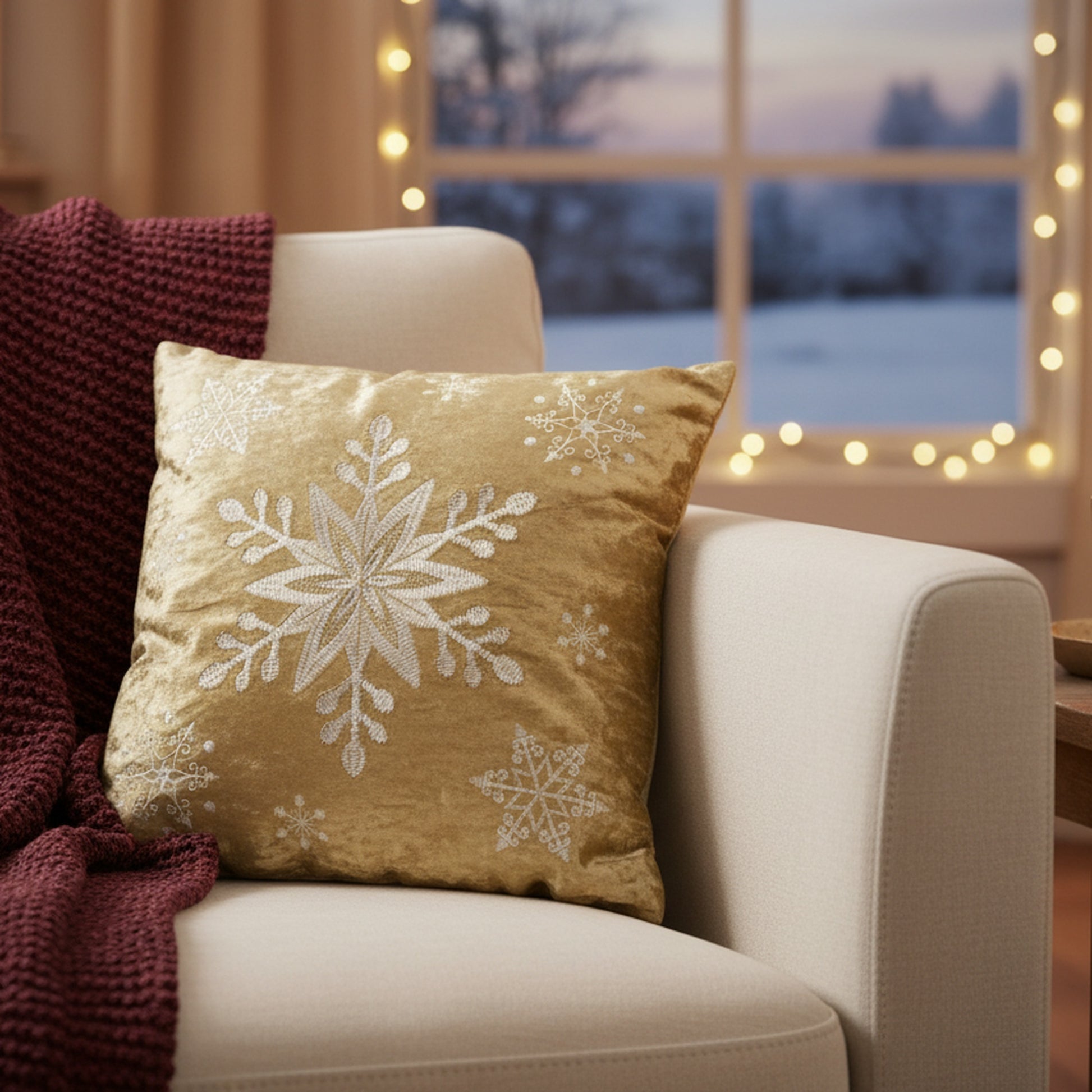 Polyester Embroidered Cushion Snowflakes, Throw Pillow, Holiday Decor - Set of 2