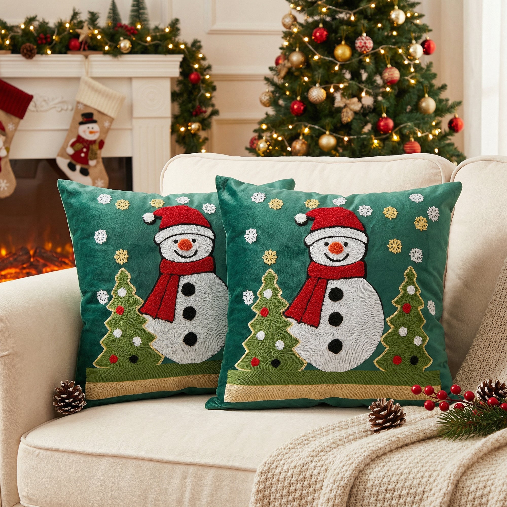 Polyester Embroidered Cushion Snowman and Trees, Christmas, Throw Pillow, Holiday Decor- Set of 2