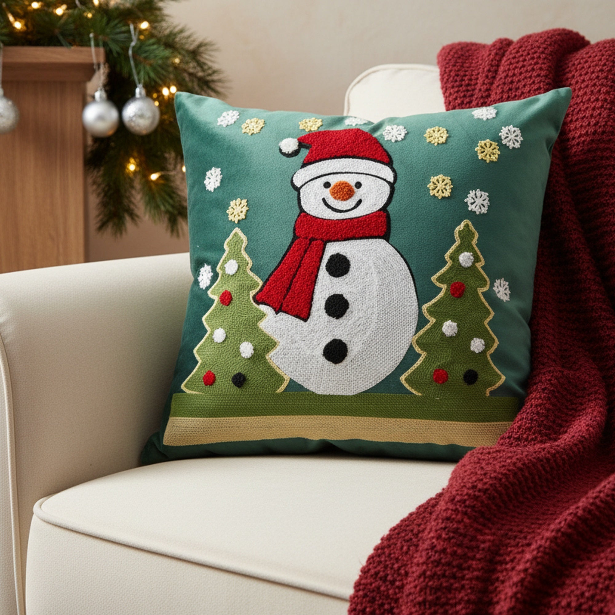 Polyester Embroidered Cushion Snowman and Trees, Christmas, Throw Pillow, Holiday Decor- Set of 2