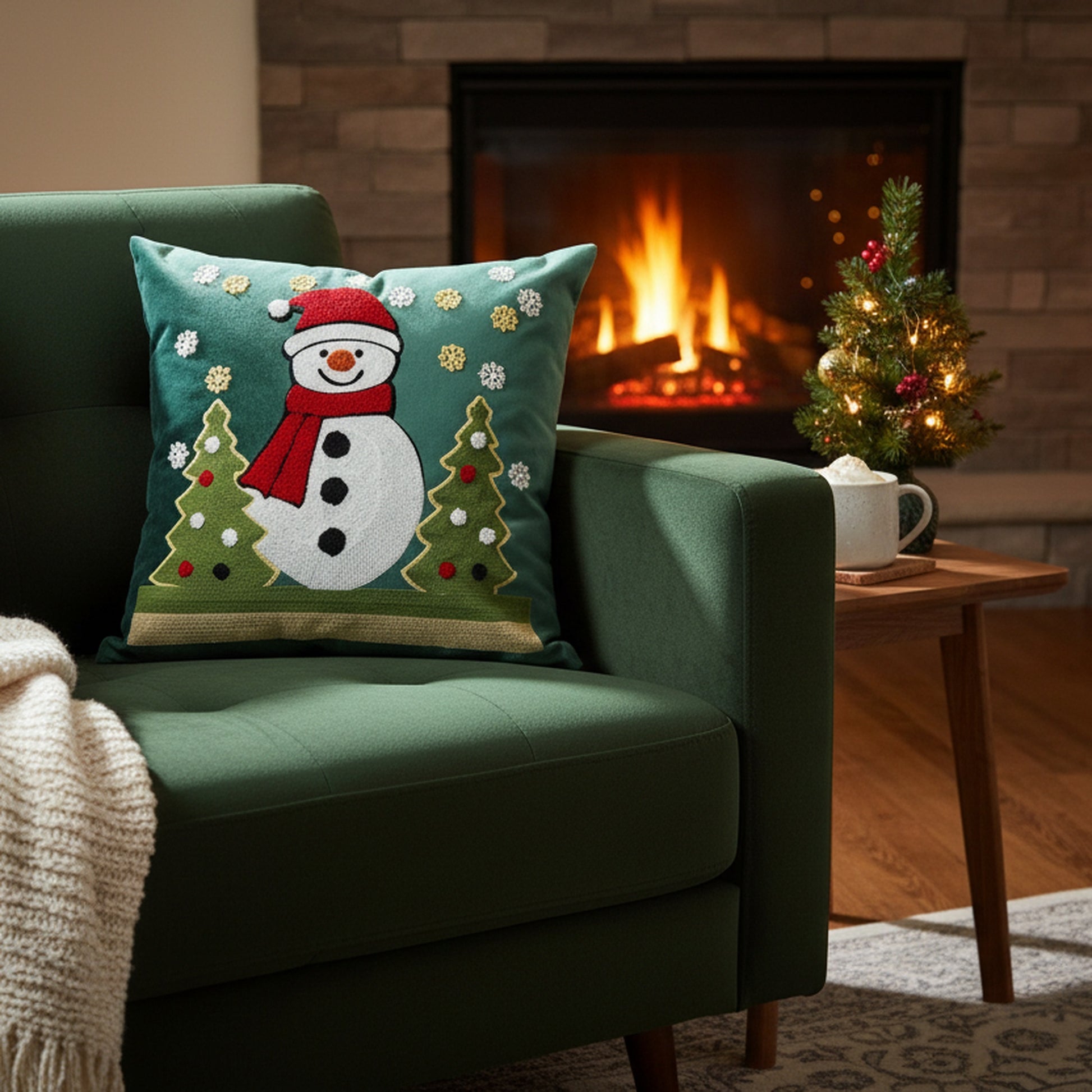 Polyester Embroidered Cushion Snowman and Trees, Christmas, Throw Pillow, Holiday Decor- Set of 2