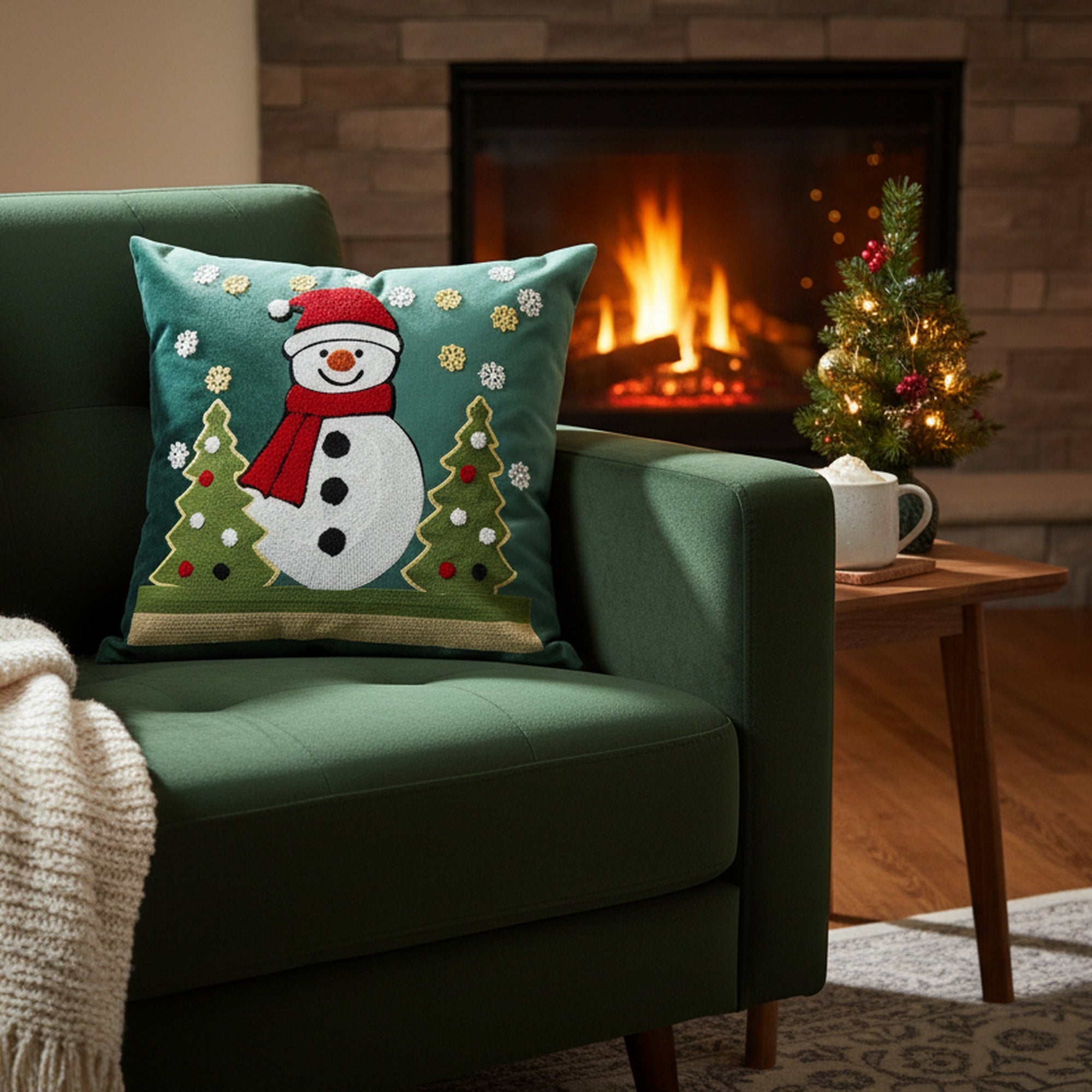 Polyester Embroidered Cushion Snowman and Trees, Christmas, Throw Pillow, Holiday Decor- Set of 2