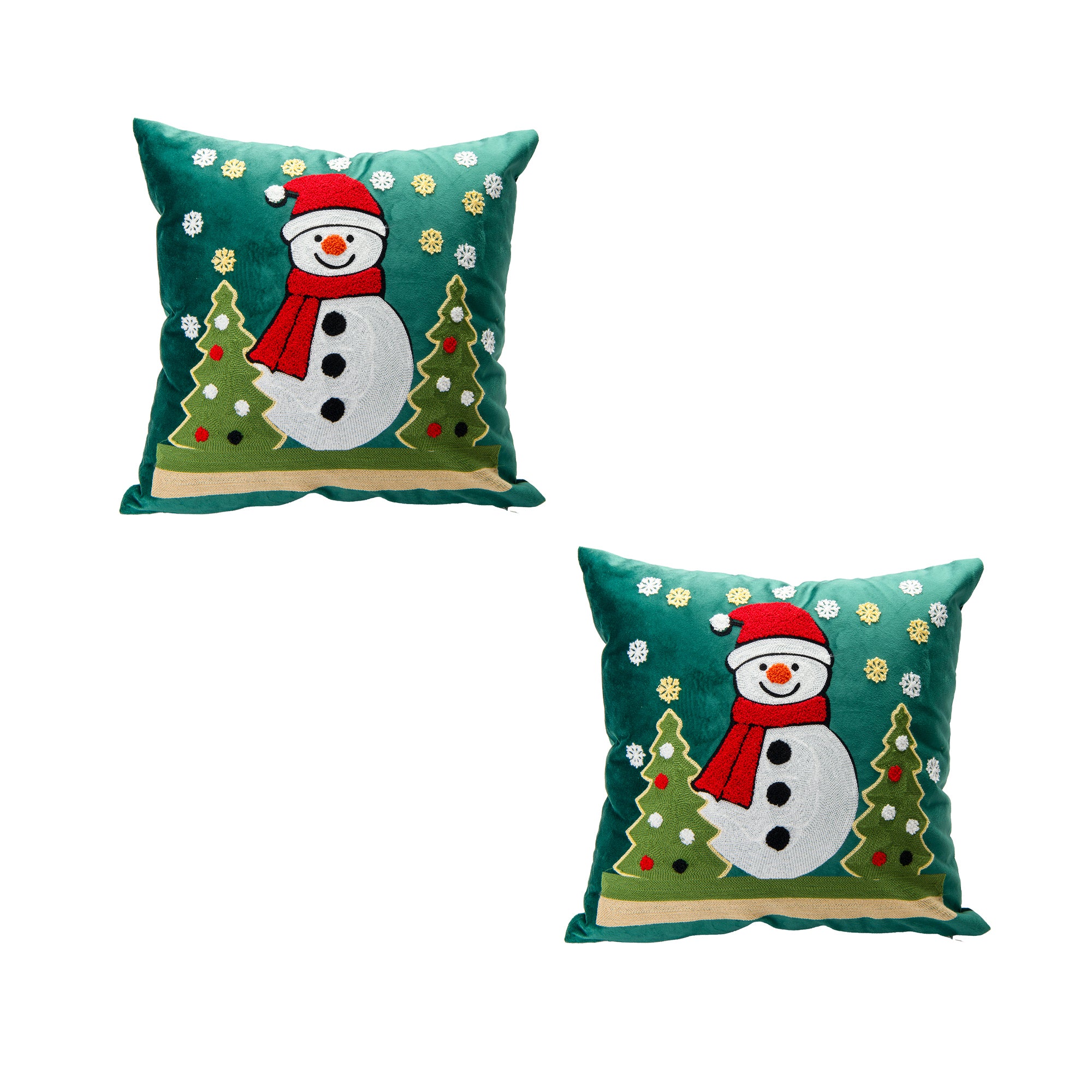 Polyester Embroidered Cushion Snowman and Trees, Christmas, Throw Pillow, Holiday Decor- Set of 2