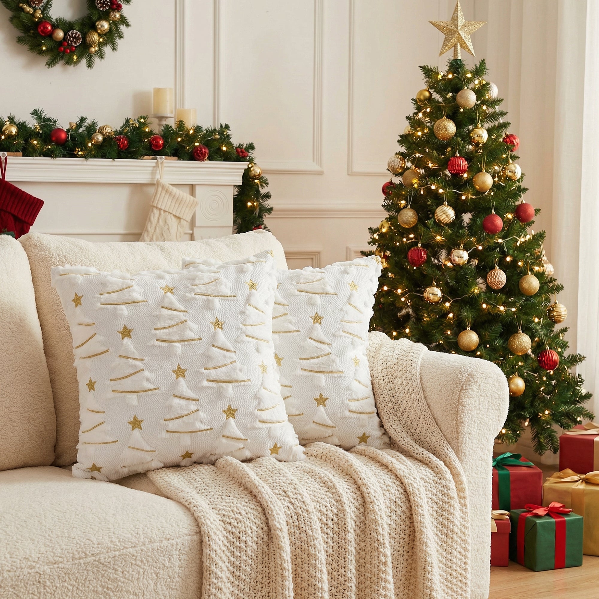 Polyester Fleece Embroidered Cushion Trees with Gold Star, Throw Pillow, Holiday Decor- Set of 2