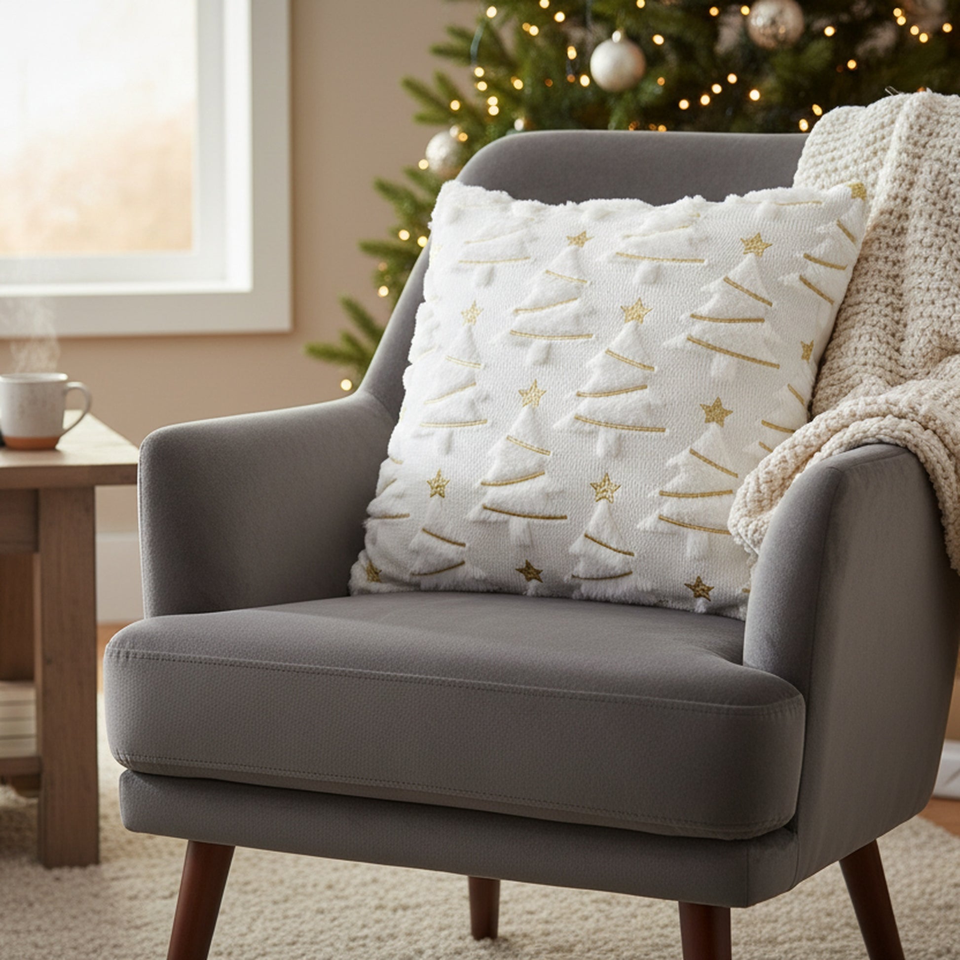 Polyester Fleece Embroidered Cushion Trees with Gold Star, Throw Pillow, Holiday Decor- Set of 2