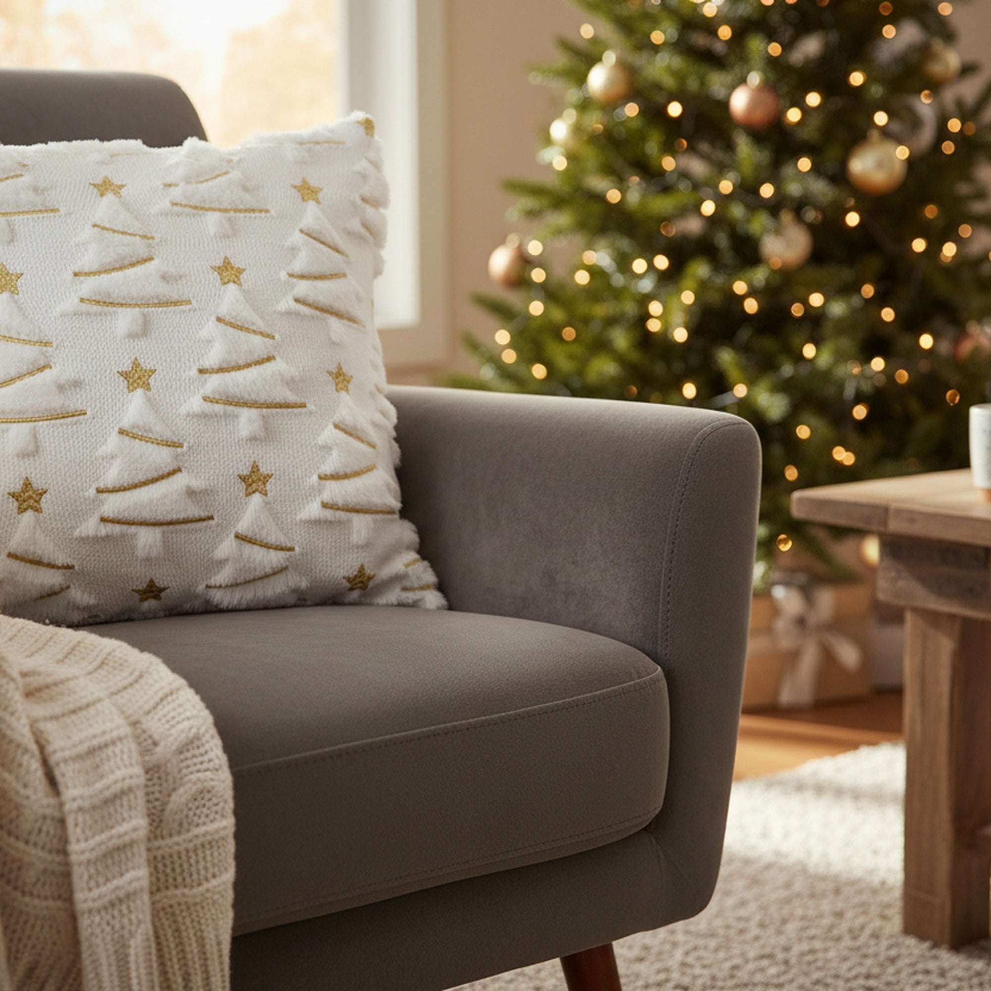 Polyester Fleece Embroidered Cushion Trees with Gold Star, Throw Pillow, Holiday Decor- Set of 2
