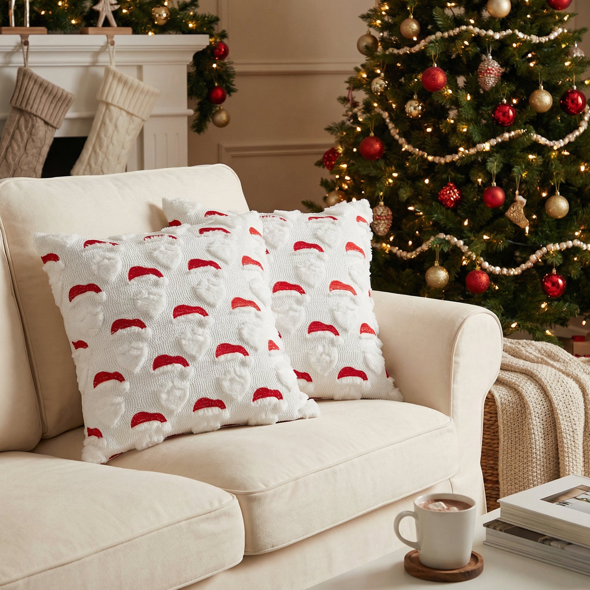 Polyester Fleece Embroidered Cushion Santa Hat, Christmas, Throw Pillow, Holiday Decor- Set of 2