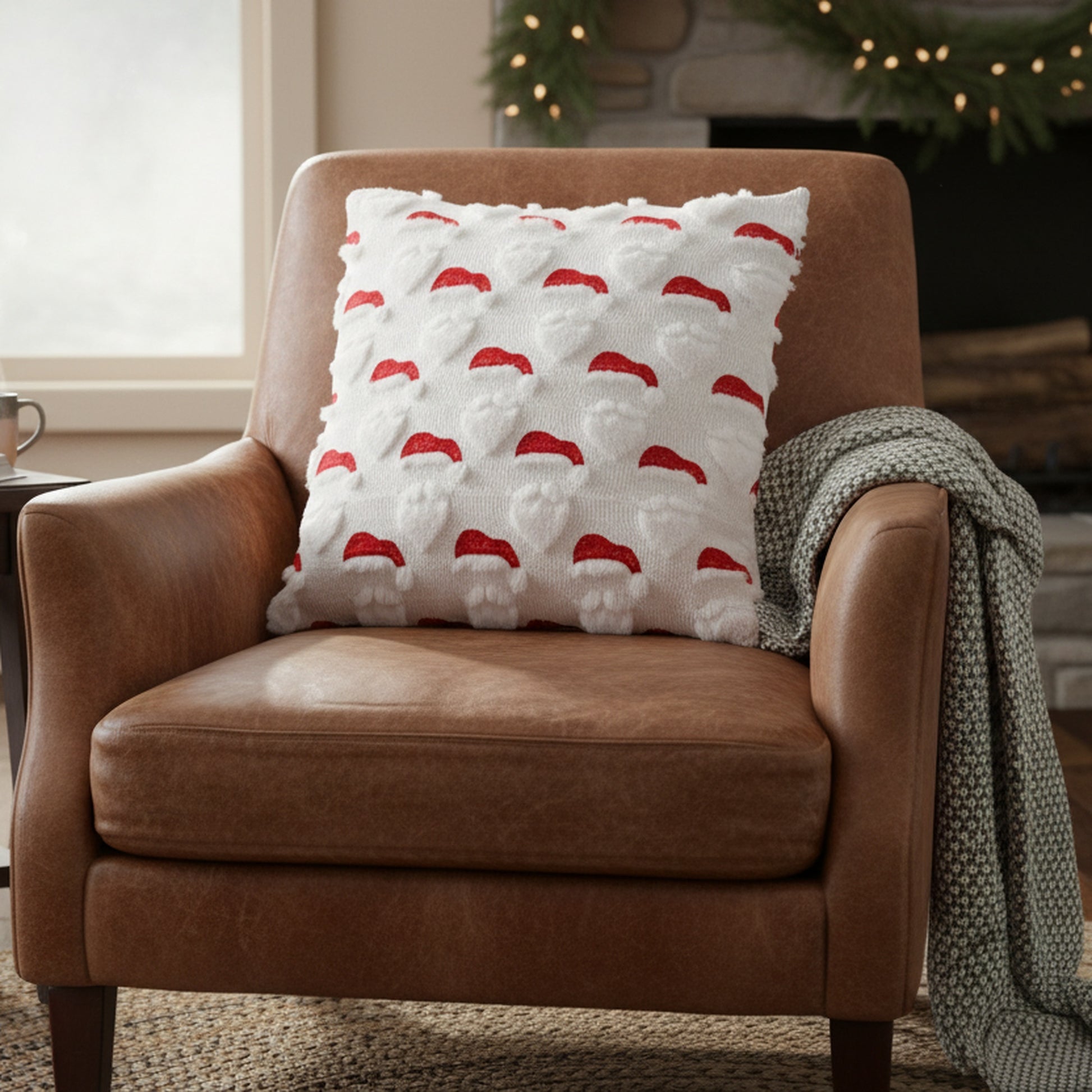 Polyester Fleece Embroidered Cushion Santa Hat, Christmas, Throw Pillow, Holiday Decor- Set of 2