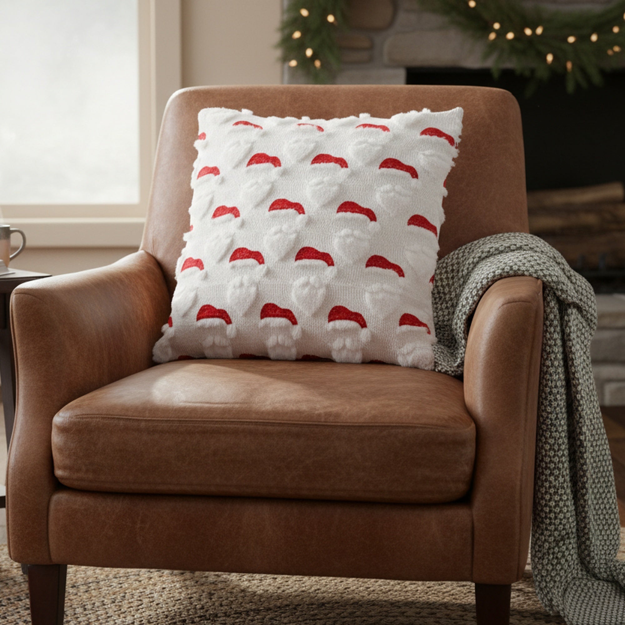 Polyester Fleece Embroidered Cushion Santa Hat, Christmas, Throw Pillow, Holiday Decor- Set of 2