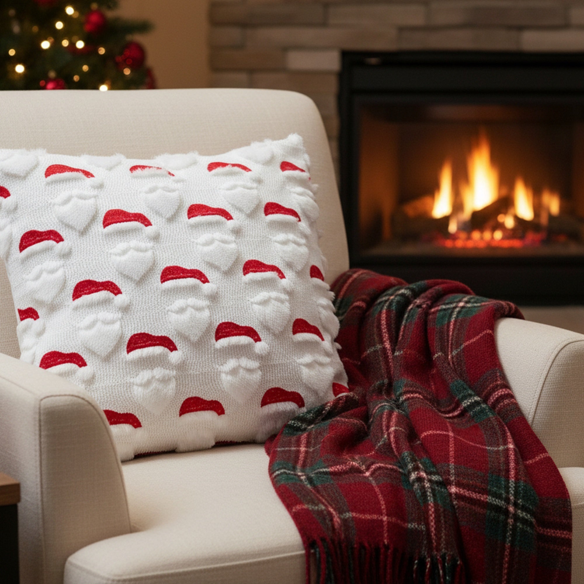 Polyester Fleece Embroidered Cushion Santa Hat, Christmas, Throw Pillow, Holiday Decor- Set of 2