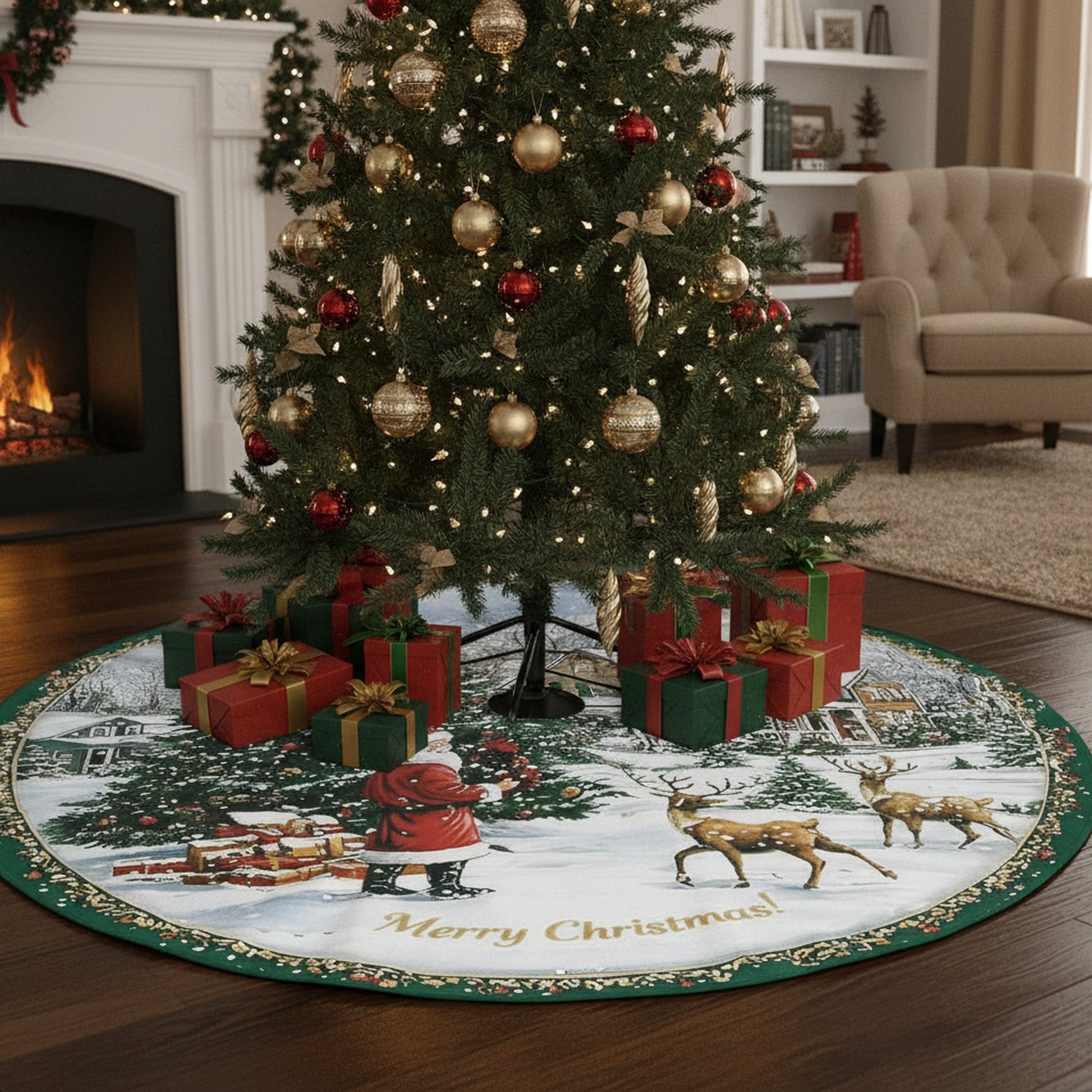 Polyester Tree Skirt Santa in Christmas Village, Christmas, Village Decor, Holiday Decor- Set of 2