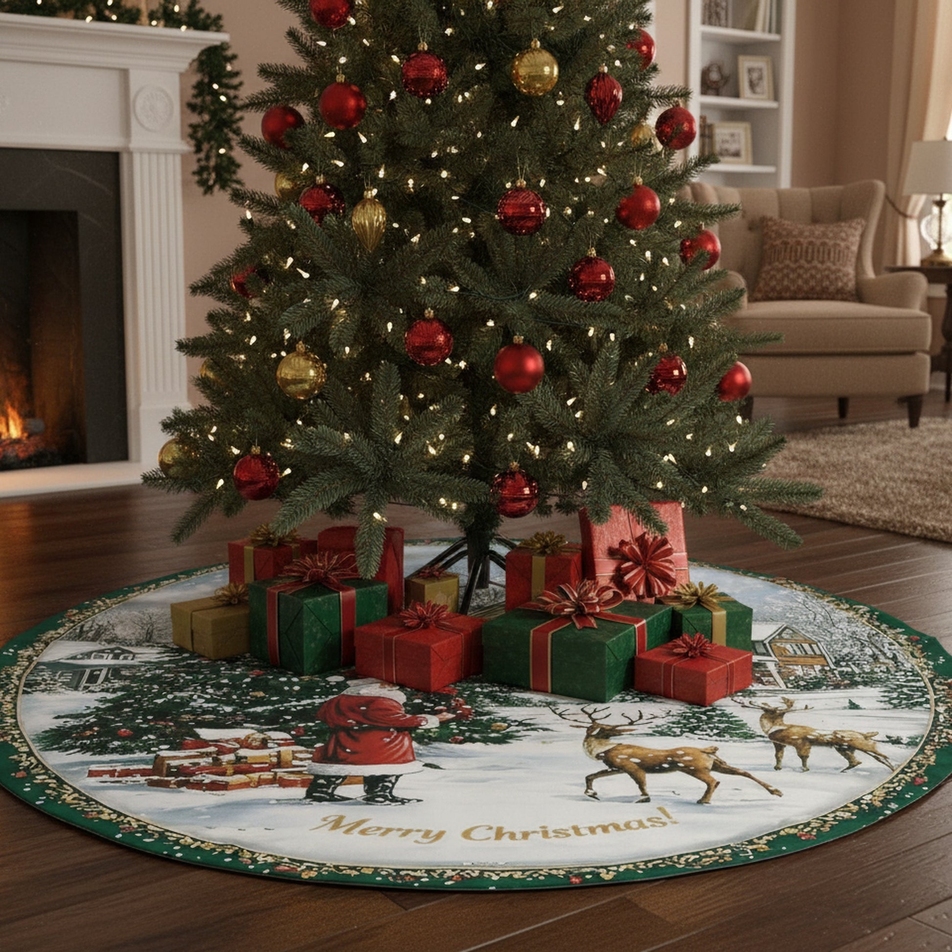 Polyester Tree Skirt Santa in Christmas Village, Christmas, Village Decor, Holiday Decor- Set of 2
