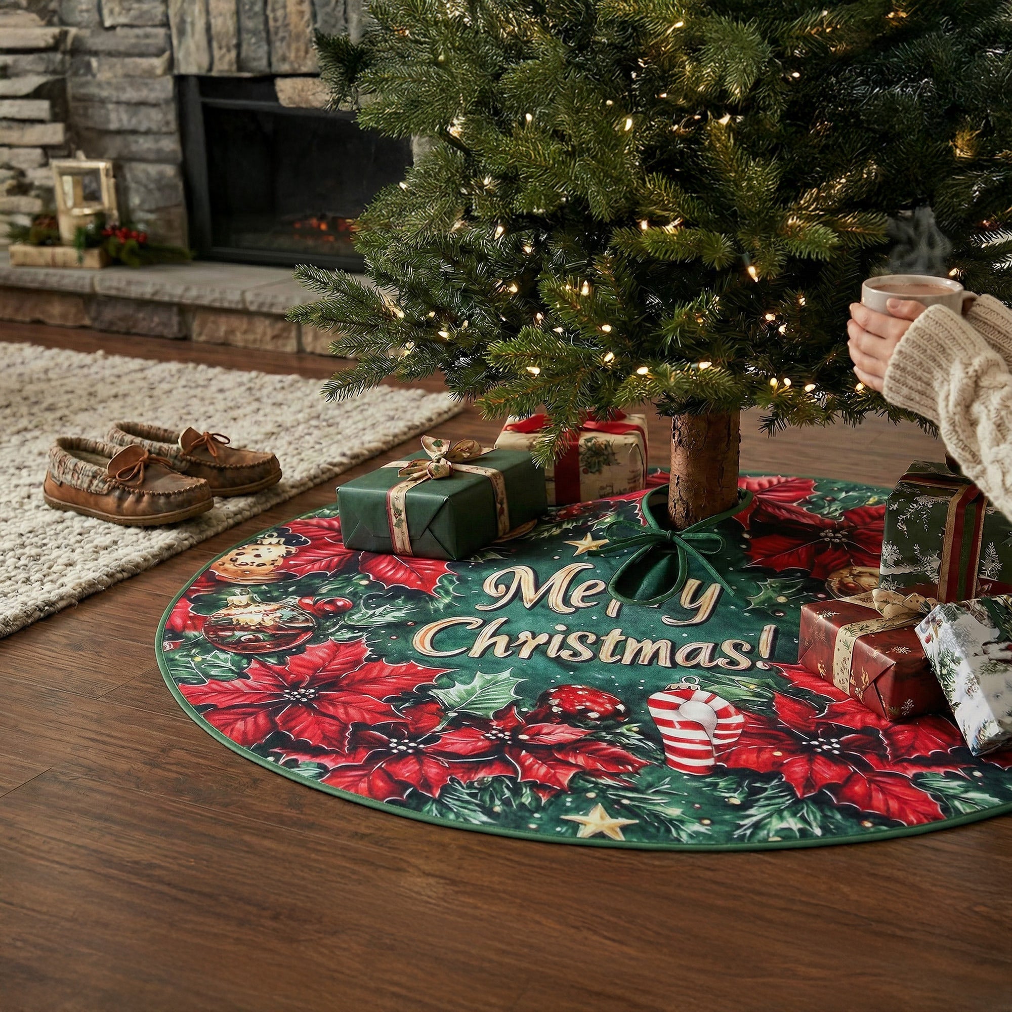 Polyester Tree Skirt Merry Christmas Poinsettia Wreath, Christmas, Wreath, Holiday Decor- Set of 2
