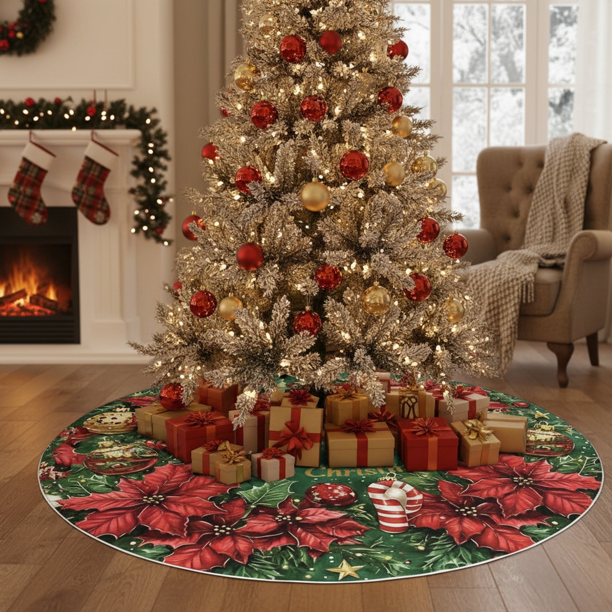 Polyester Tree Skirt Merry Christmas Poinsettia Wreath, Christmas, Wreath, Holiday Decor- Set of 2