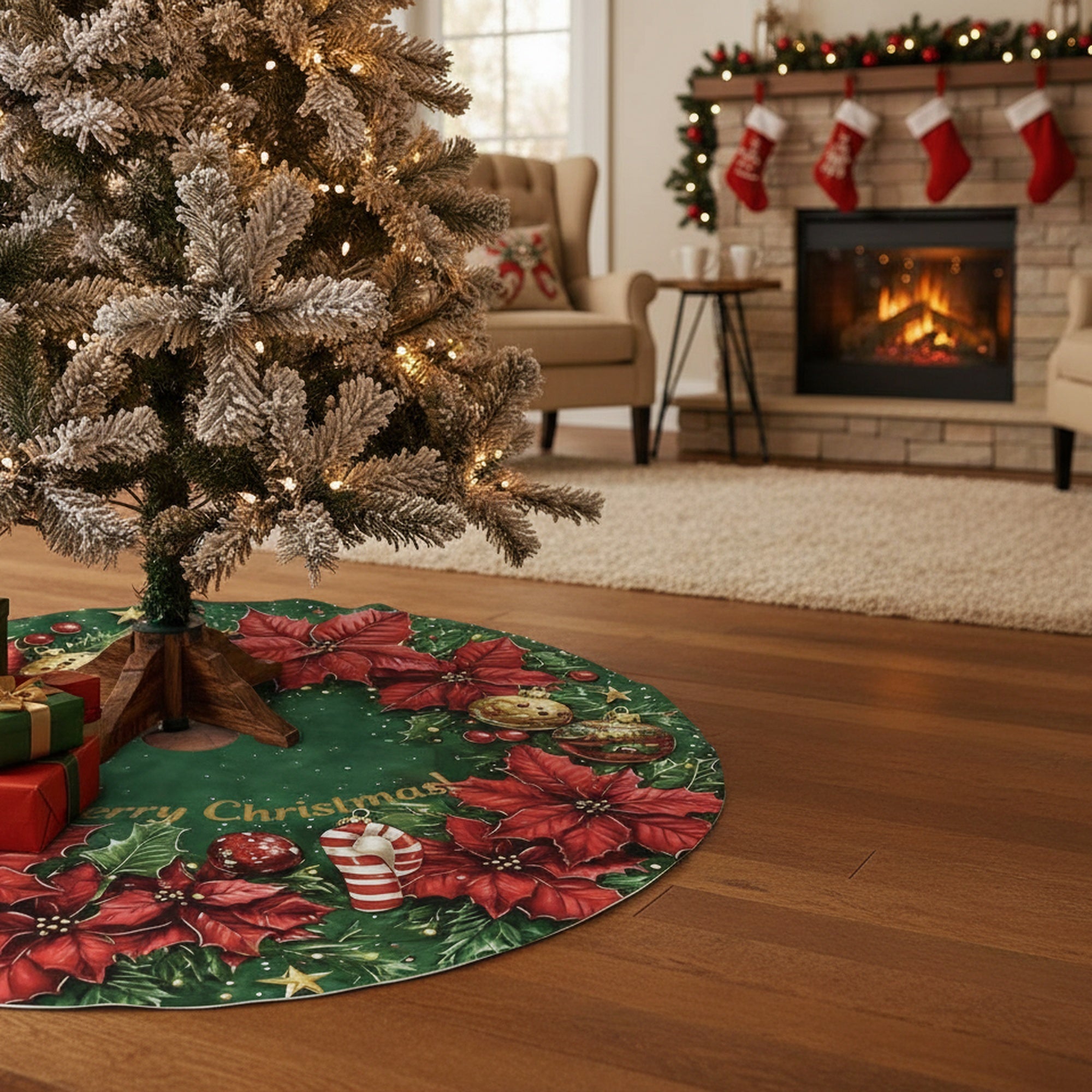 Polyester Tree Skirt Merry Christmas Poinsettia Wreath, Christmas, Wreath, Holiday Decor- Set of 2