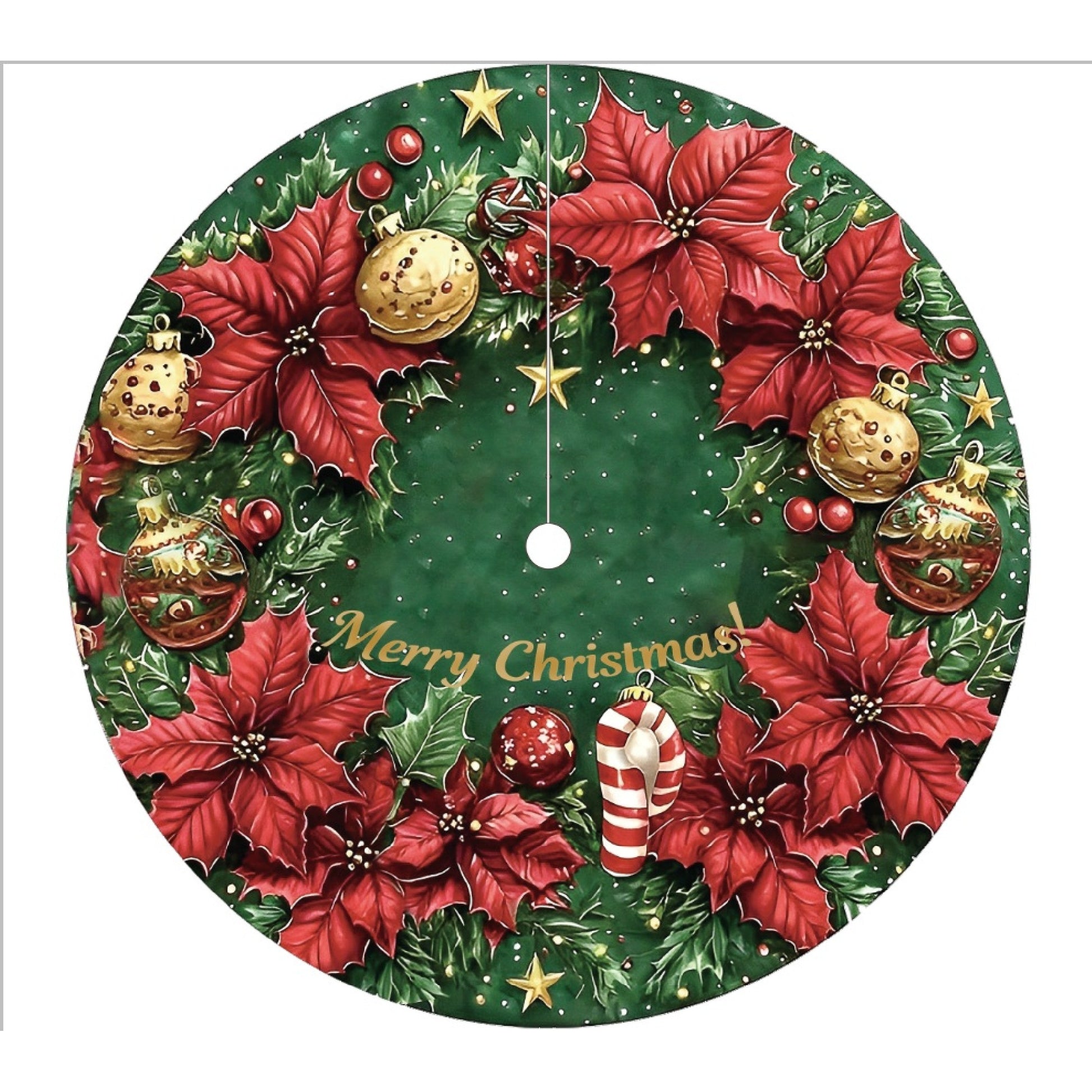 Polyester Tree Skirt Merry Christmas Poinsettia Wreath, Christmas, Wreath, Holiday Decor- Set of 2