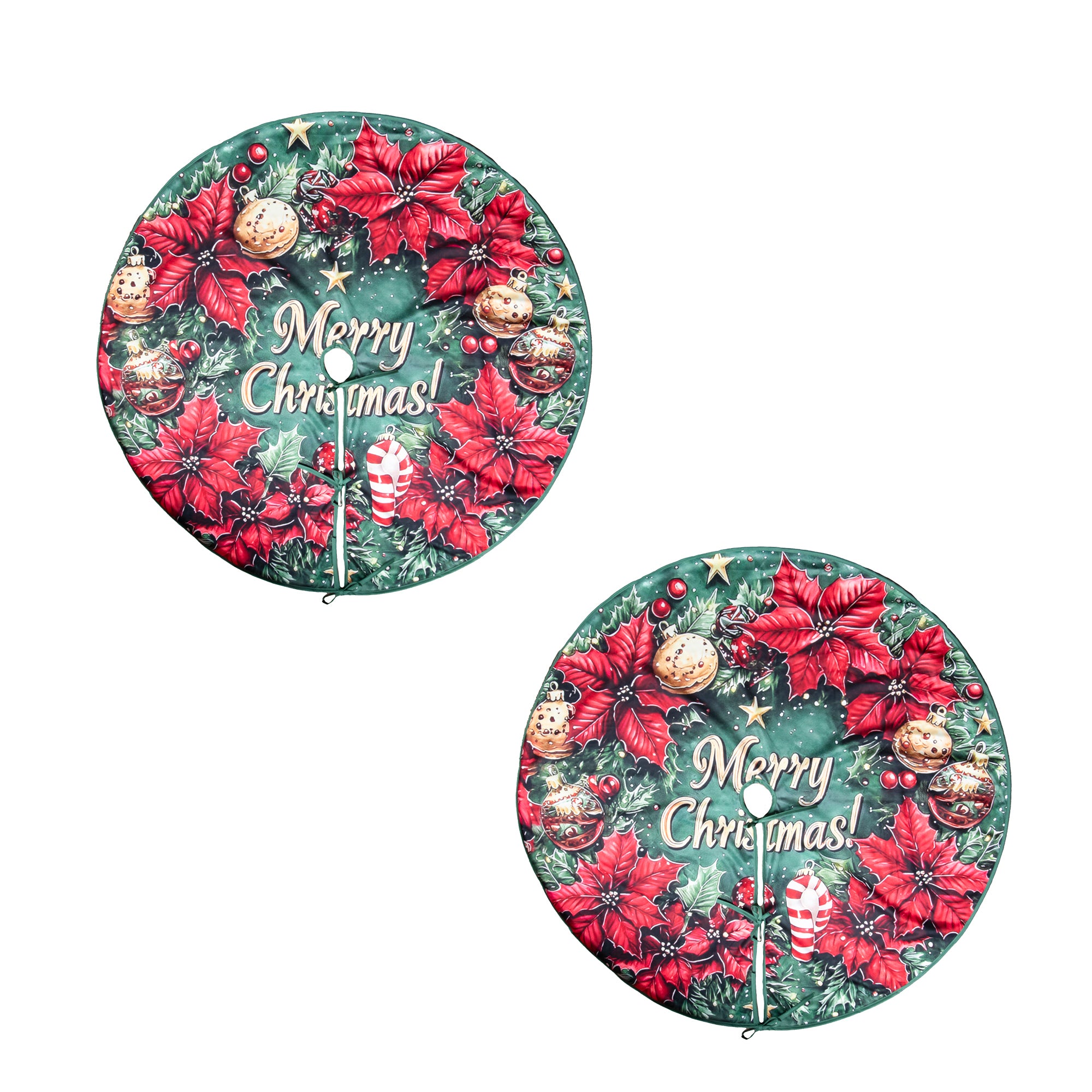 Polyester Tree Skirt Merry Christmas Poinsettia Wreath, Christmas, Wreath, Holiday Decor- Set of 2