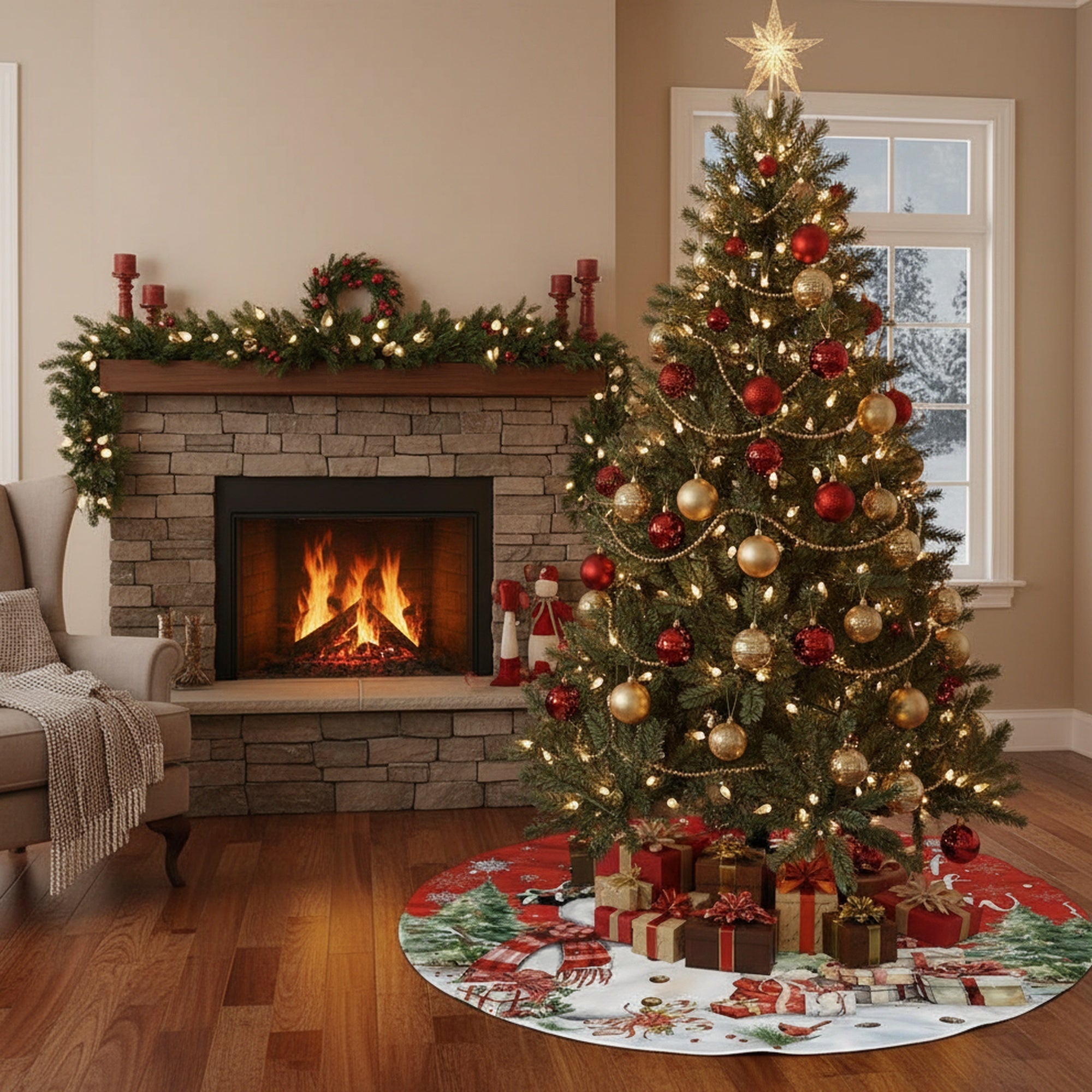 Polyester Tree Skirt Snowman and Gifts, Christmas, Holiday Decor- Set of 2