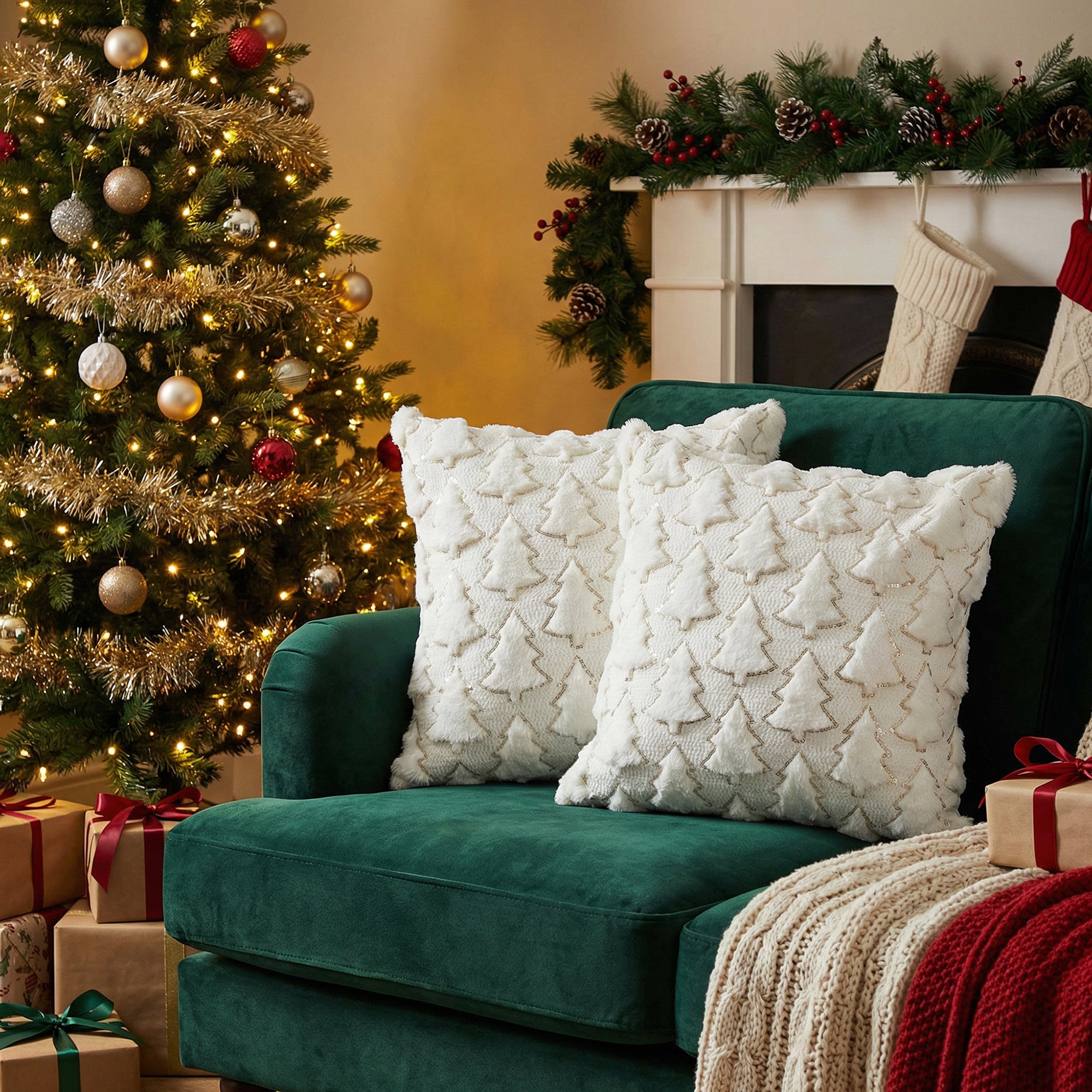 Polyester Fleece Embroidered Cushion White Trees, Throw Pillow, Holiday Decor- Set of 2
