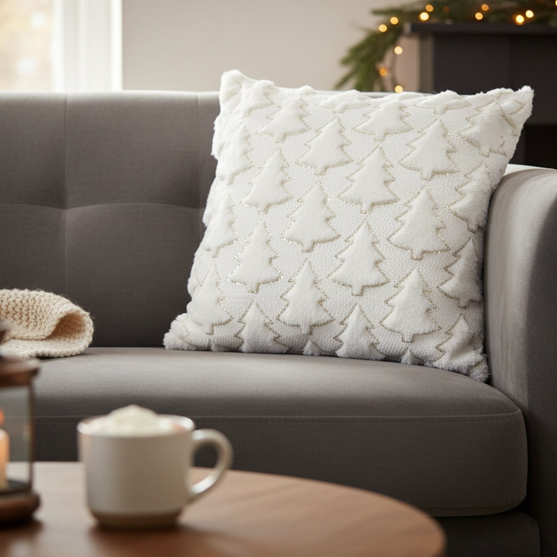Polyester Fleece Embroidered Cushion White Trees, Throw Pillow, Holiday Decor- Set of 2