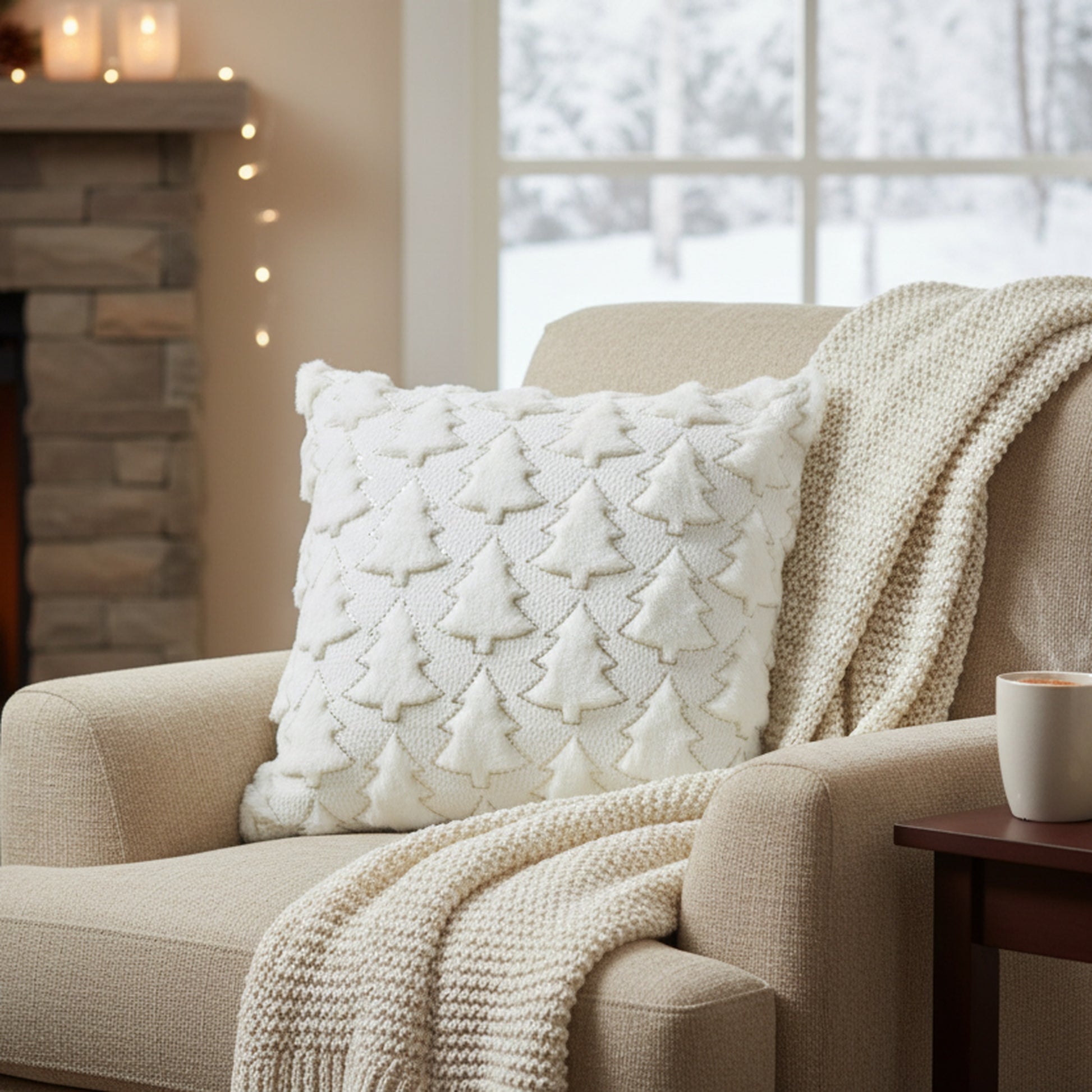 Polyester Fleece Embroidered Cushion White Trees, Throw Pillow, Holiday Decor- Set of 2