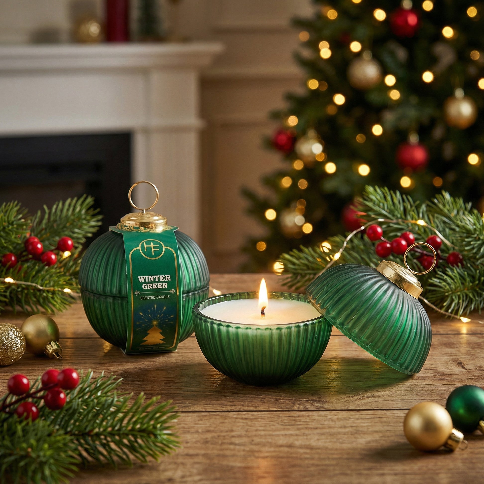 2.3oz Scented Candle in Ribbed Glass Ornament Jar Winter Green, Winter, Scented Candle, Holiday Decor- Set of 2