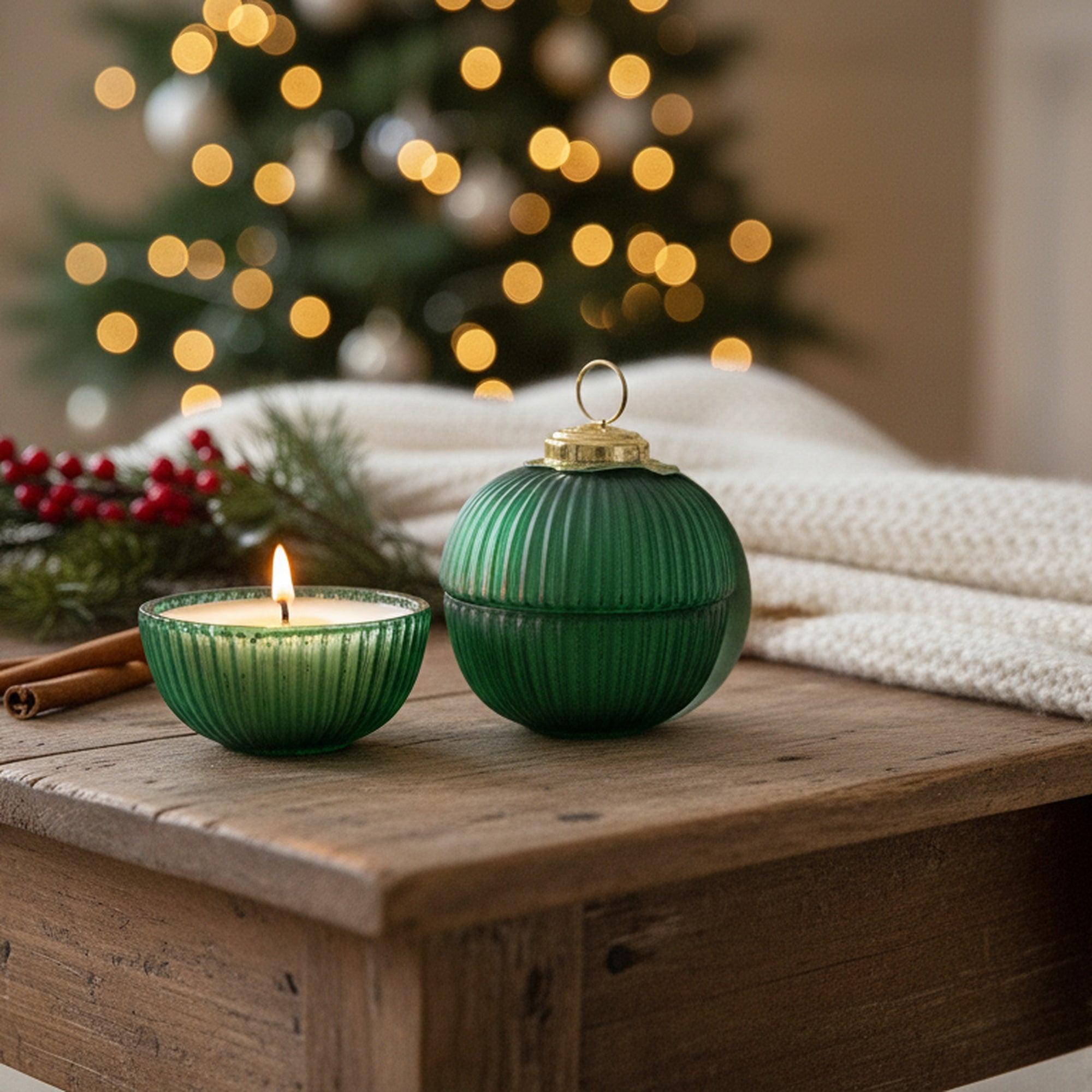 2.3oz Scented Candle in Ribbed Glass Ornament Jar Winter Green, Winter, Scented Candle, Holiday Decor- Set of 2