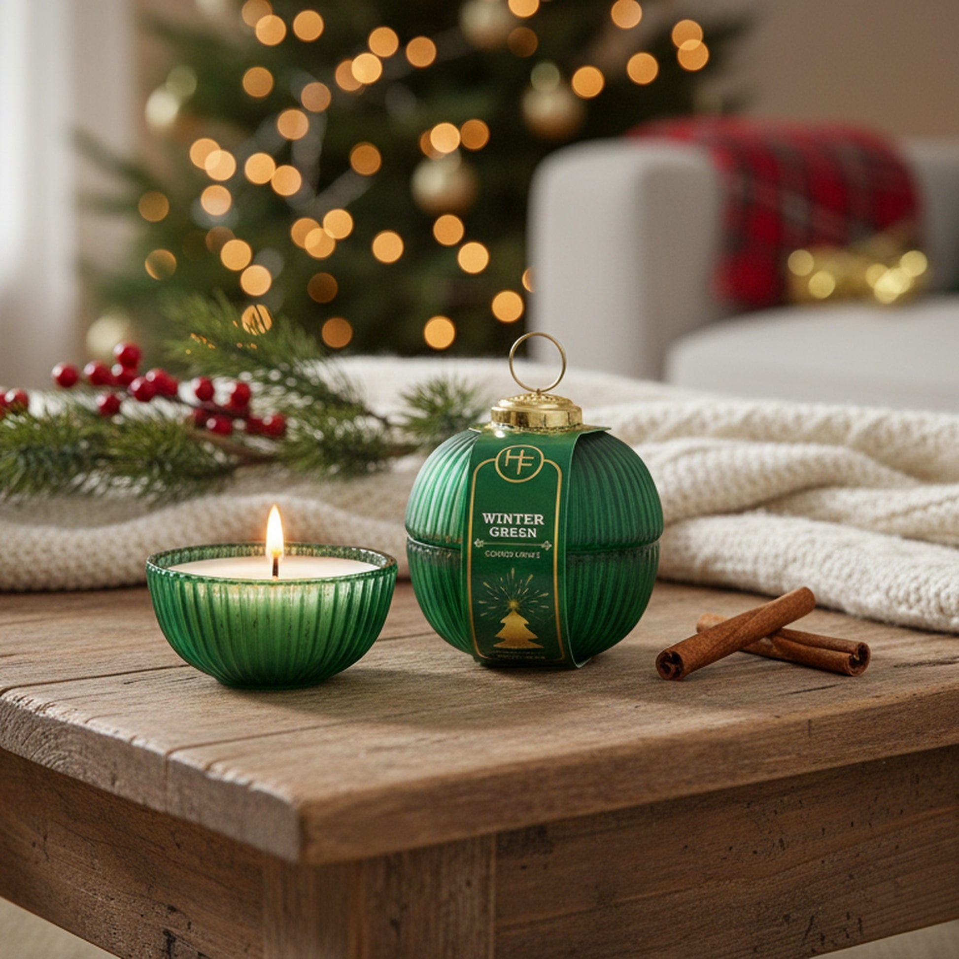 2.3oz Scented Candle in Ribbed Glass Ornament Jar Winter Green, Winter, Scented Candle, Holiday Decor- Set of 2