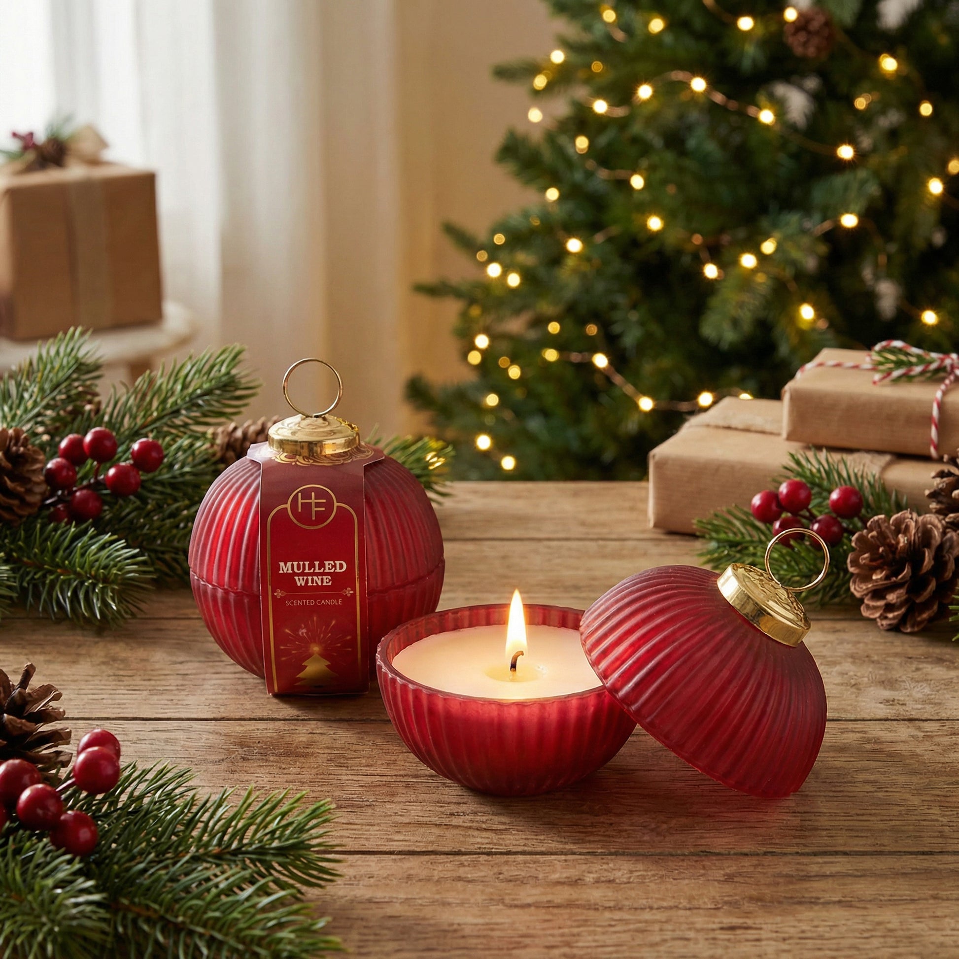 2.3oz Scented Candle in Ribbed Glass Ornament Jar Mulled Wine, Scented Candle, Holiday Decor- Set of 2